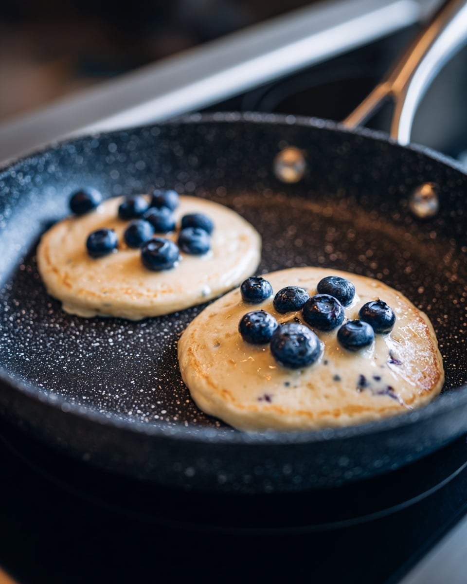 A close-up view of two small pancakes cooking side by side in a large dark speckled non-stick pan. Each pancake is pale beige with three to four whole blueberries placed on top, partially sinking into the thick batter. The pan is positioned on a stove with a dark surface, and the background is out of focus, emphasizing the cooking pancakes. photo taken with an iphone --ar 4:5 --v 7