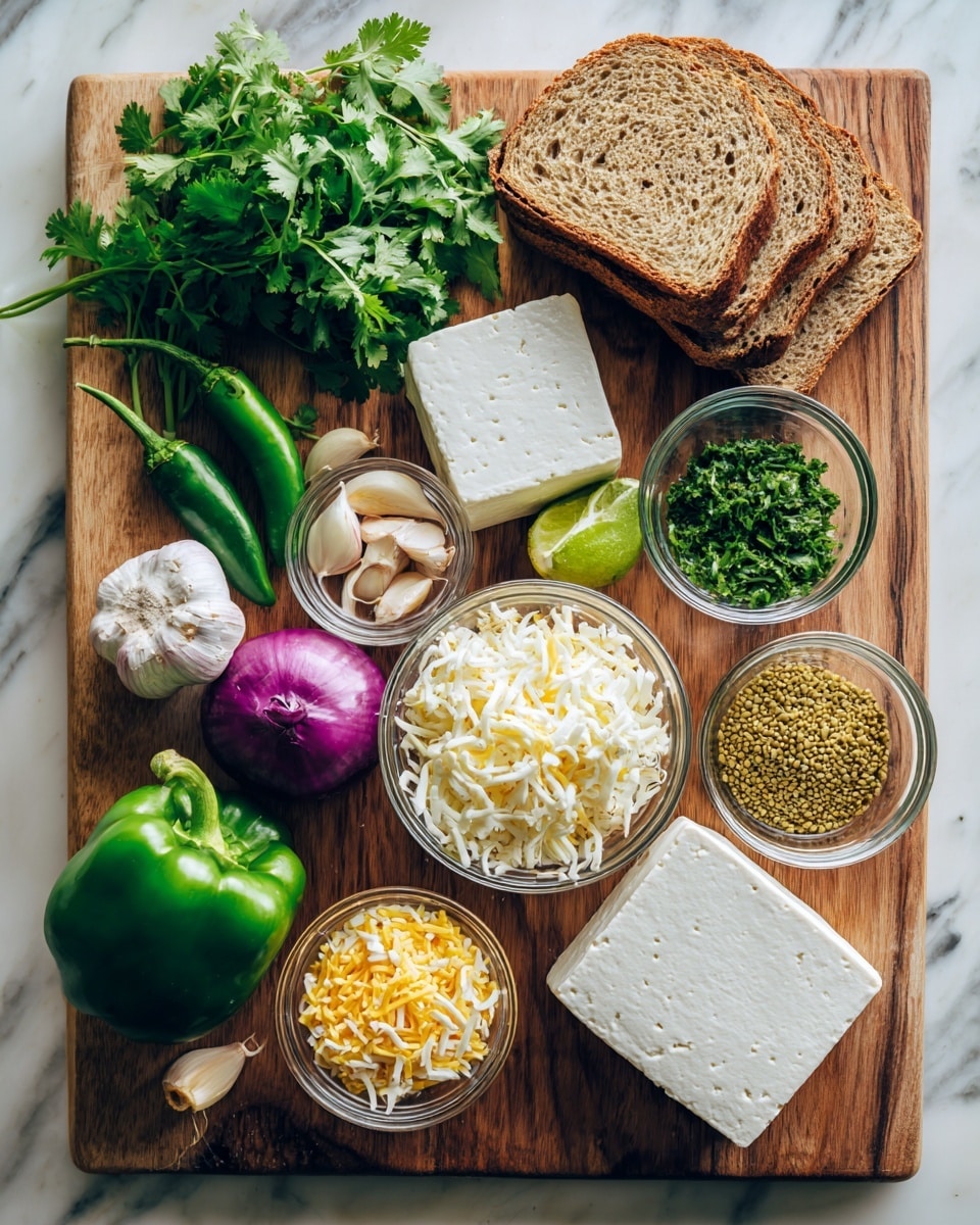 On a wooden cutting board, there are several fresh ingredients arranged neatly. From left to right, a bunch of green cilantro leaves sits beside a green bell pepper and a bright red bell pepper. Near these are three garlic cloves, one half of a purple onion, and three green chili peppers. Positioned towards the back are a white block of tofu, a whole lime, and three slices of brown bread stacked on a white marbled surface. In clear glass bowls, shredded yellow and white cheese, green chopped herbs, white sauce, hemp seeds, and yellow nutritional yeast flakes are placed. A block of white tempeh lies in the bottom right corner. The background shows a white marbled texture. Photo taken with an iphone --ar 4:5 --v 7
