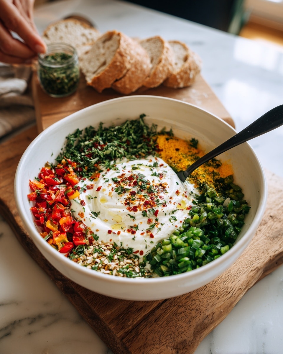 In a white bowl, there are many layers of fresh, chopped ingredients. The bottom layer has finely chopped green vegetables on one side and chopped red vegetables on the other. On top, there is a large dollop of white creamy sauce sprinkled with black pepper and red chili flakes. Around this sauce, there are light yellow powder, some green leafy herbs, and a sprinkling of finely ground seeds or nuts. A black spoon is inside the bowl, resting on the side. The bowl is placed on a wooden board with a white marbled surface underneath. In the background, there are slices of brown bread on a wooden board and a woman’s hand holding a small jar. Photo taken with an iphone --ar 4:5 --v 7