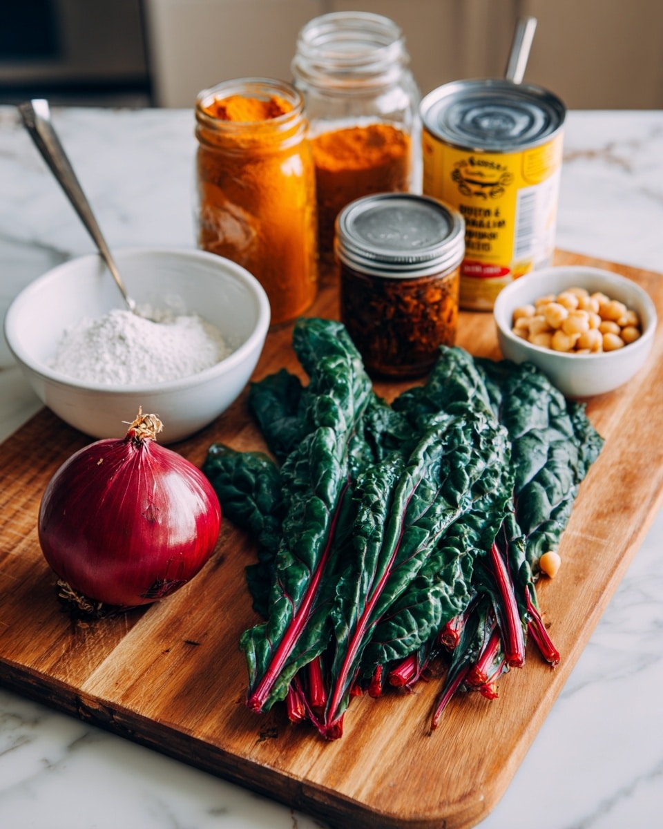 The image shows a wooden cutting board placed on a white marbled surface. On the board, there is a bunch of dark green leafy greens with bright red stems, spread over the front right side. Behind the greens, to the left, sits a shiny red onion with a small stem on top. On the left back side of the board, a white bowl filled with white powder and a metal spoon sticking out is positioned. In the middle of the back row, there are three glass containers: from left to right, a clear jar with orange powder, a jar with a black lid containing a dark red chunky sauce, and a can with a yellow and white label of garbanzo beans. To the right of the can, there is a small white bowl with a pale yellow paste inside. The background features a white marbled texture and a wooden cutting board. Photo taken with an iphone --ar 4:5 --v 7