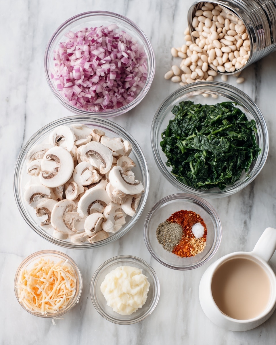 Several small clear glass bowls are placed on a white marbled surface, each holding a different ingredient. From left to right, there is a bowl filled with finely chopped red onions, a bowl with sliced white mushrooms stacked neatly, and a bowl containing chopped green spinach. In front, smaller bowls hold minced garlic, shredded cheese that is light orange and white, a dollop of soft pale beige cheese, and another with a mix of white and red powdered spices. There is an open can with white beans spilling slightly at the top. A white ceramic cup with a light beige liquid sits on the far right. The scene is well-lit and sharp, showing a clean and organized preparation area photo taken with an iphone --ar 4:5 --v 7