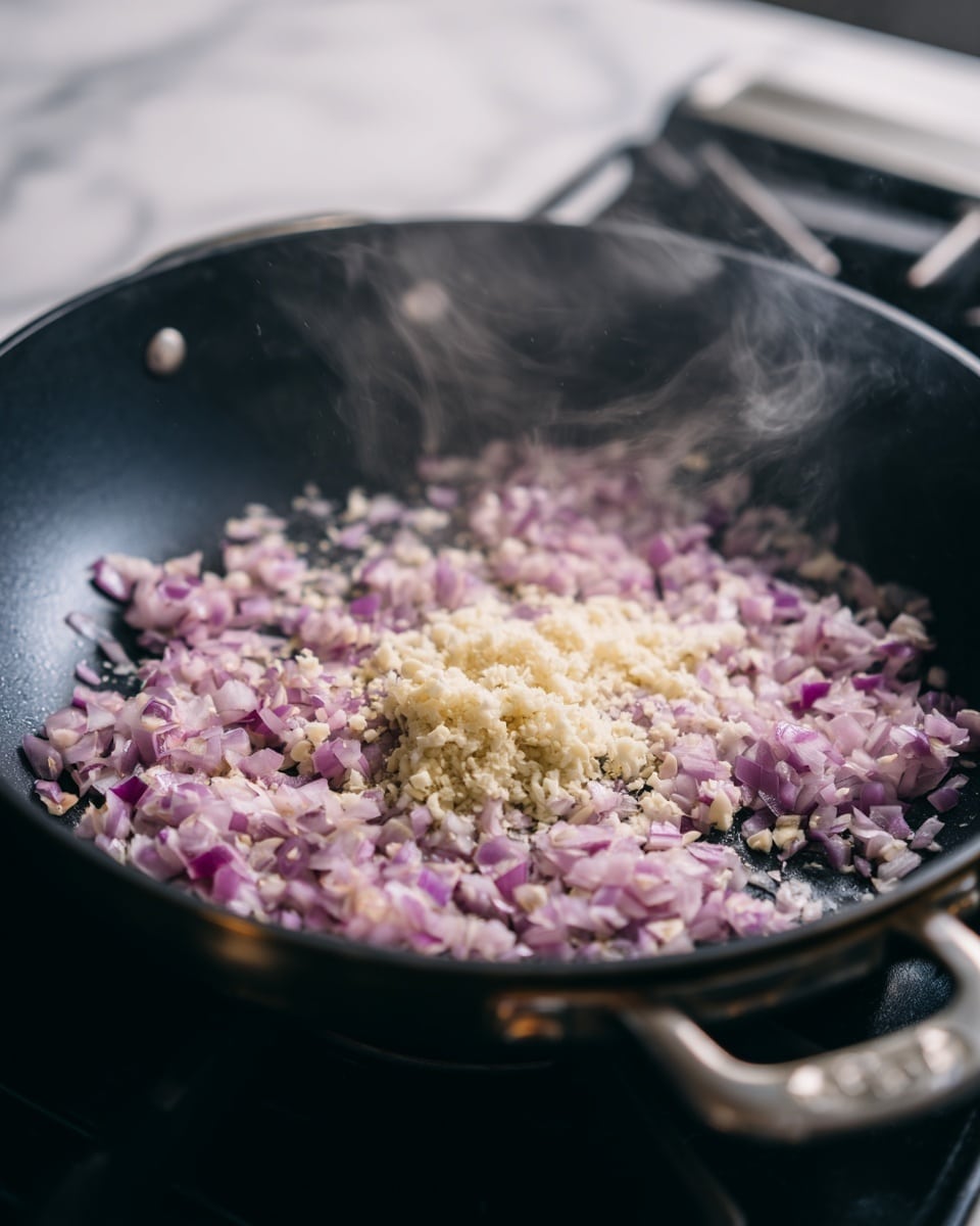 A black pan with silver handles on a stove has finely chopped red onions spread across the bottom, with a pile of minced garlic in the center. The red onions are light purple with small white pieces mixed in, and the garlic is pale yellow. Steam rises gently from the ingredients, showing they are cooking. The background is blurred, focusing on the pan's contents. The surface under the stove appears dark but should be imagined as a white marbled texture. Photo taken with an iphone --ar 4:5 --v 7