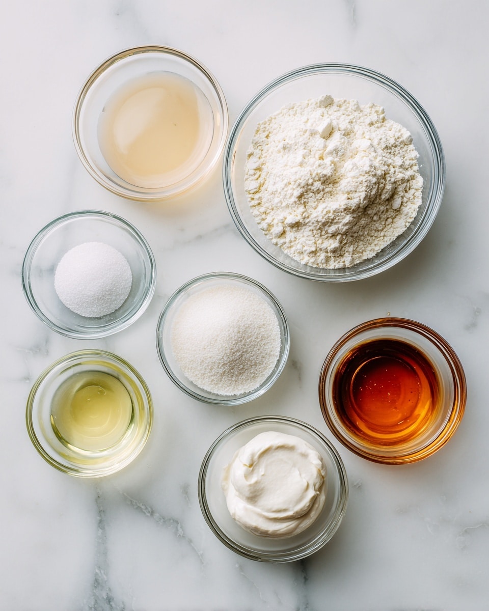The image shows seven small clear glass bowls placed on a white marbled surface. The largest bowl at the back contains white flour with a powdery texture. To the left is a bowl filled with a pale beige liquid, and next to it, a bowl of white granulated sugar. In the center front is a small bowl with white powder, likely baking powder or baking soda. Near the sugar bowl is a bowl of clear pale yellow liquid, probably oil. To the right are two small bowls; one holds a white creamy substance, and the other has a brown amber liquid, possibly honey or syrup. The glass bowls are simple and transparent, clearly showing their contents. photo taken with an iphone --ar 4:5 --v 7