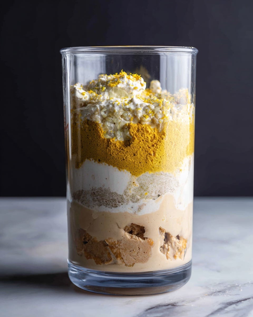 A clear tall blender cup filled with many layers of ingredients: the bottom layer is light brown chunks, above it is a thick white creamy layer, then there is a grainy yellow layer with bits mixed in, topped with some more white creamy texture and small bits of yellow sprinkled on top. The cup stands on a white marbled surface with a black background on one side and light gray on the other. Photo taken with an iphone --ar 4:5 --v 7