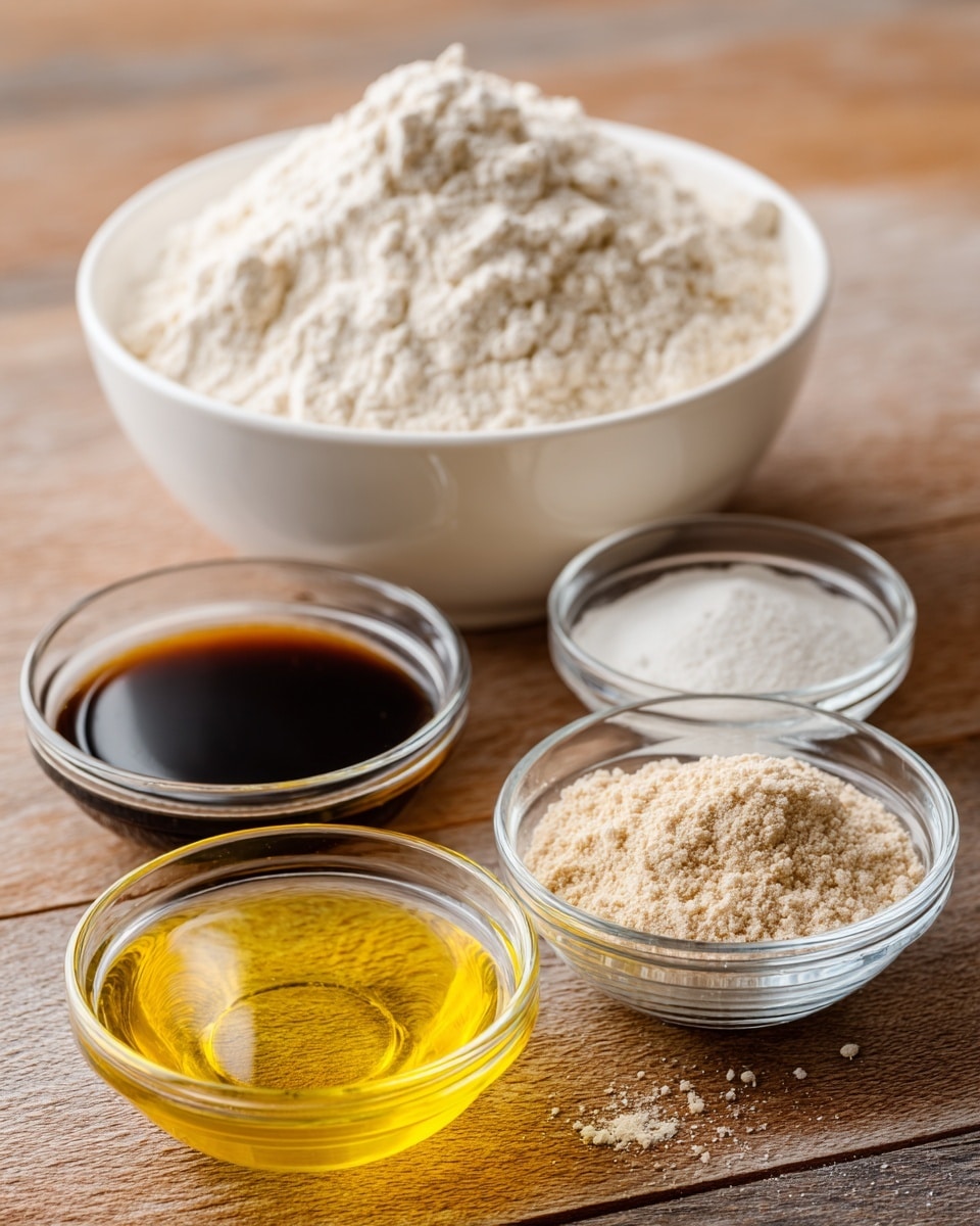 A white large bowl in the background sits on a wooden surface, surrounded by three small clear glass bowls in front. The largest glass bowl on the right holds a mix of white flour and a beige ingredient, creating a textured heap. In front and slightly to the left, a smaller glass bowl contains a yellow liquid with a thin texture, while another small glass bowl to its left holds a dark brown liquid. A small glass bowl behind these holds a white powder. The setting is simple with the wooden surface under the bowls, photo taken with an iphone --ar 4:5 --v 7