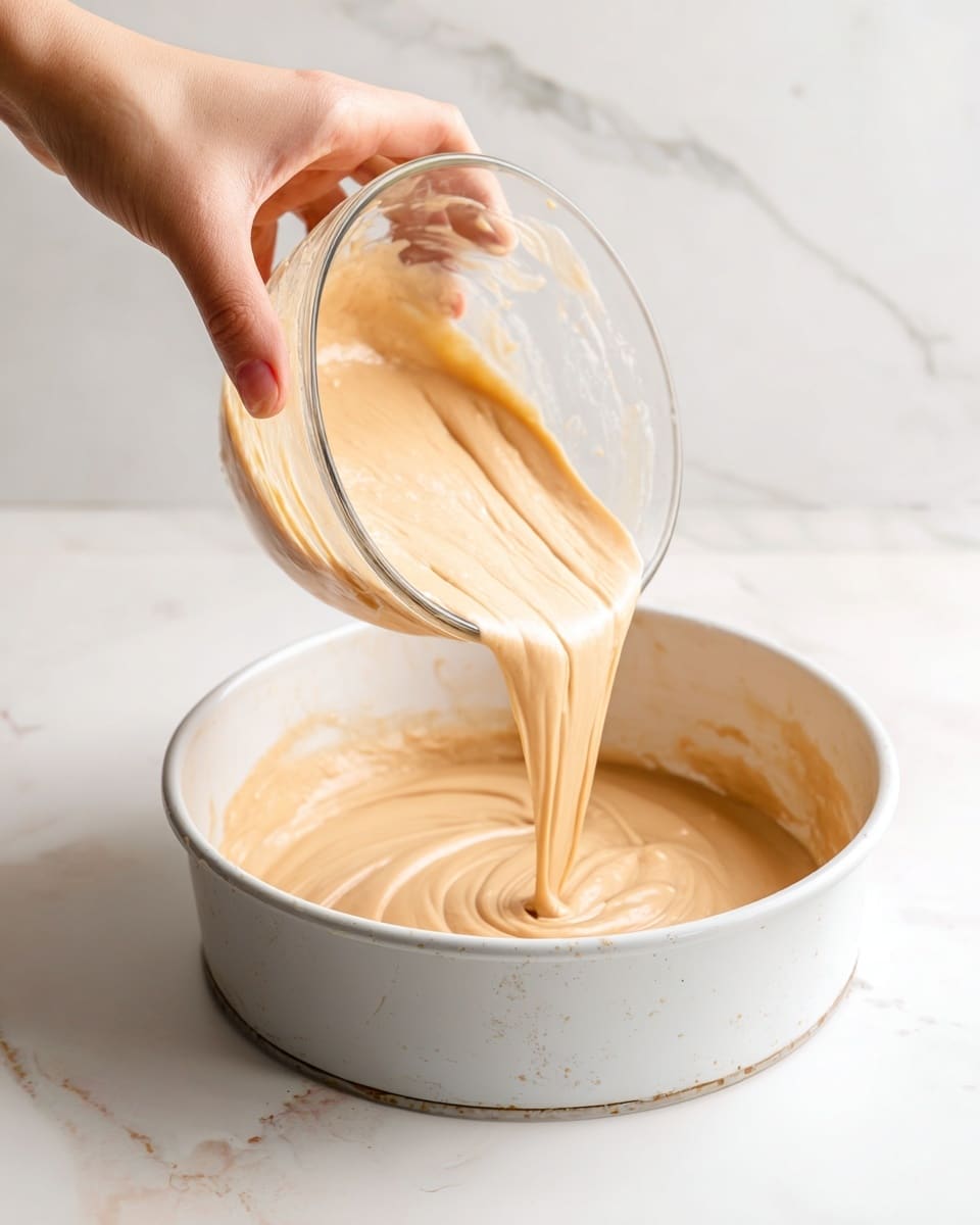 A woman’s hand is pouring smooth, light beige batter from a clear glass bowl into a white round baking pan. The batter flows thick and creamy, folding over itself as it fills the pan. The baking pan shows some wear with slight discoloration on the outside. The background is a white marbled surface with subtle gray veins. Photo taken with an iphone --ar 4:5 --v 7