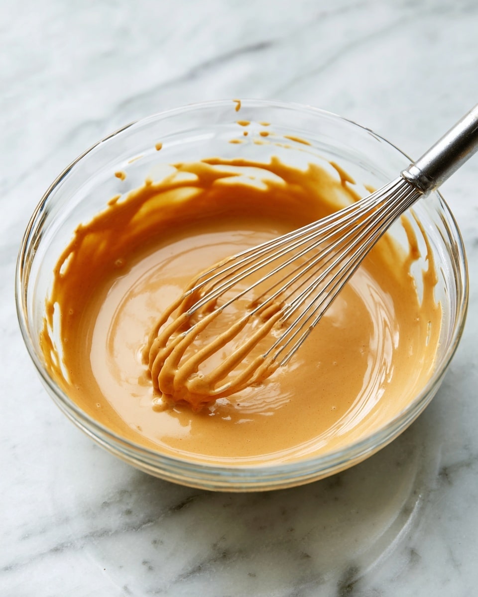 A clear glass bowl sits on a white marbled surface filled with smooth light brown batter with a glossy texture. A metal whisk is partially immersed in the batter, with some batter clinging to the whisk wires. The batter forms a thick layer covering the base of the bowl, with some splashes and streaks on the inner sides showing mixing in progress. photo taken with an iphone --ar 4:5 --v 7