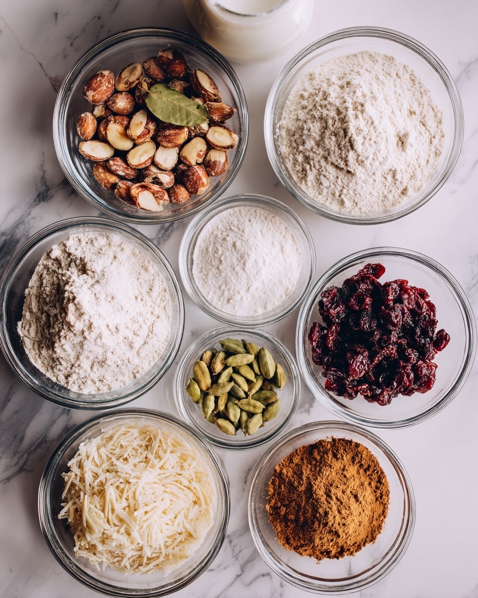 The image shows nine clear glass bowls arranged on a white marbled surface. Each bowl contains a different ingredient, including mixed nuts with a light brown and green color, white grains with a green cardamom pod on top, white powdery flour, dark red dried berries, light brown powder, and finely shredded off-white grains. The bowls are spaced apart, showing the texture of the surface underneath. In the background, a white container is partially visible. The photo taken with an iphone --ar 4:5 --v 7