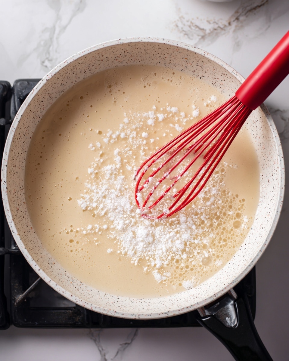 A white speckled pan is shown on a stove with a light beige mixture inside, which has a smooth and slightly frothy texture. A red whisk is stirring the mixture, creating small bubbles and unevenness on the surface. Inside the mixture, there are patches of white powder and granules being blended. The stove's black grate and part of the kitchen counter with a white marbled texture can be seen in the background. photo taken with an iphone --ar 4:5 --v 7