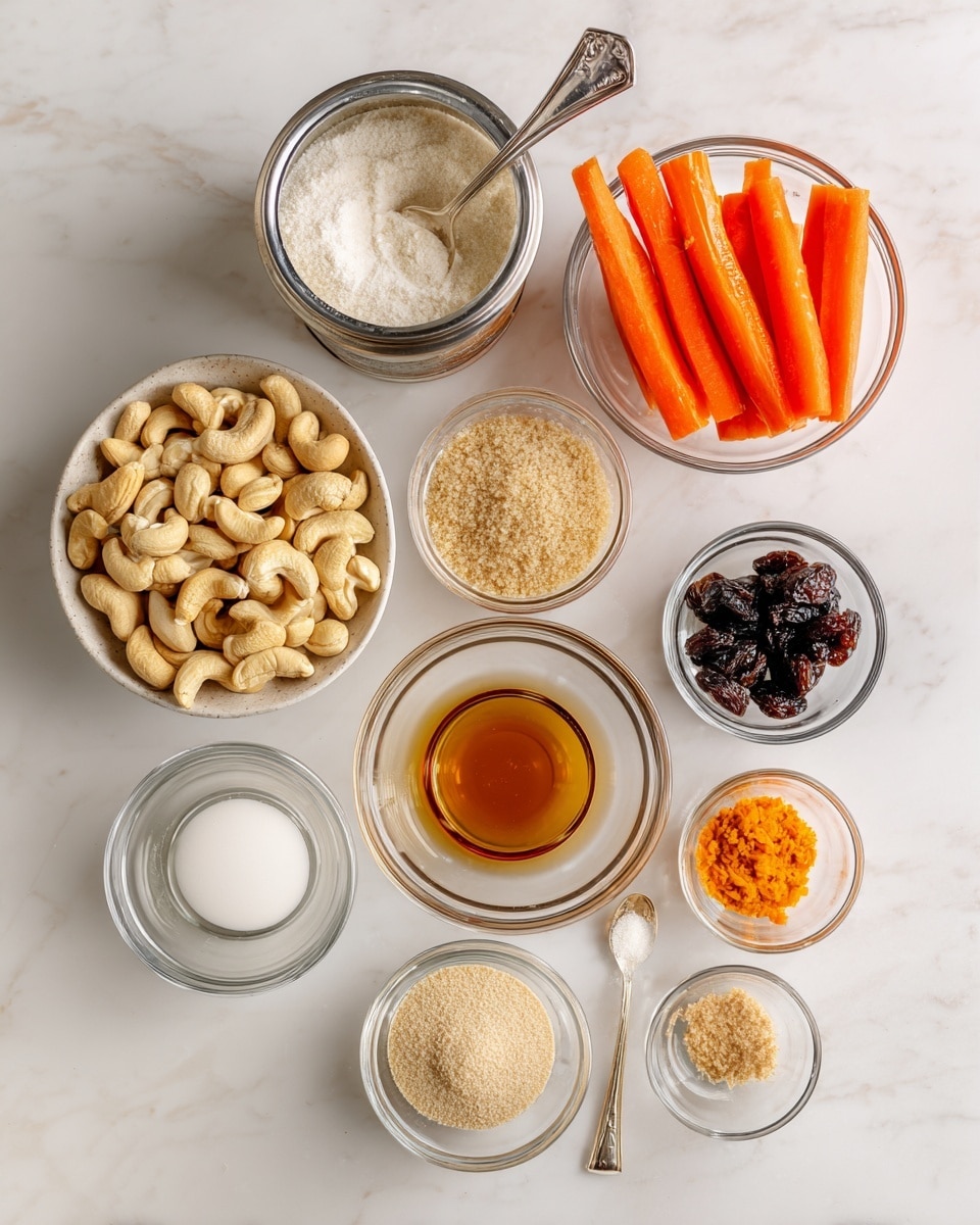 A white marbled surface holds several clear glass bowls and a can with a spoon, each filled with different ingredients arranged neatly in a group. Starting from the left, there is a large bowl filled with light tan cashews, next to a metal can with white contents and a silver spoon inside. Below the cashews and can are three smaller bowls; the top one has a granulated light brown substance, the middle contains a white solid fat, and the bottom holds a light amber liquid. To the right, another group of clear glass bowls contains bright orange baby carrots in the largest bowl at the back, followed by a smaller bowl with a dark liquid, another with dark brown raisins soaked in liquid, and a bowl with a light tan powder. Below these three bowls from left to right are a bowl with a white round portion, a bowl with a finer tan powder, and two tiny bowls in front containing a light grayish powder and bright orange zest. The arrangement is orderly, and everything is set on the white marbled surface. Photo taken with an iphone --ar 4:5 --v 7