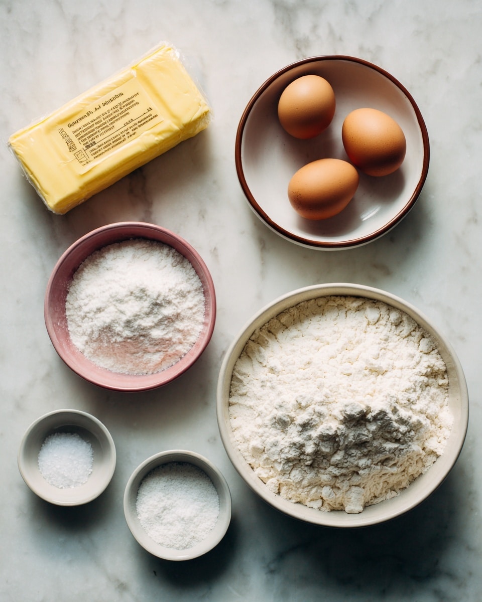 The image shows baking ingredients arranged on a white marbled surface. In the top left corner, there is a rectangular yellow package of organic unsalted butter. To the right, a small white bowl with a brown rim holds two brown eggs. Below that, a similar bowl is filled with a white powder, likely powdered sugar. To the left, a pink bowl with a brown rim contains a mound of white granulated sugar. At the bottom left, two small white bowls hold a tiny amount of salt and another white powder. On the right side, a large white bowl is filled with flour, showing a textured surface. The items are spaced neatly and lit with soft, natural light, and the photo is taken with an iphone --ar 4:5 --v 7