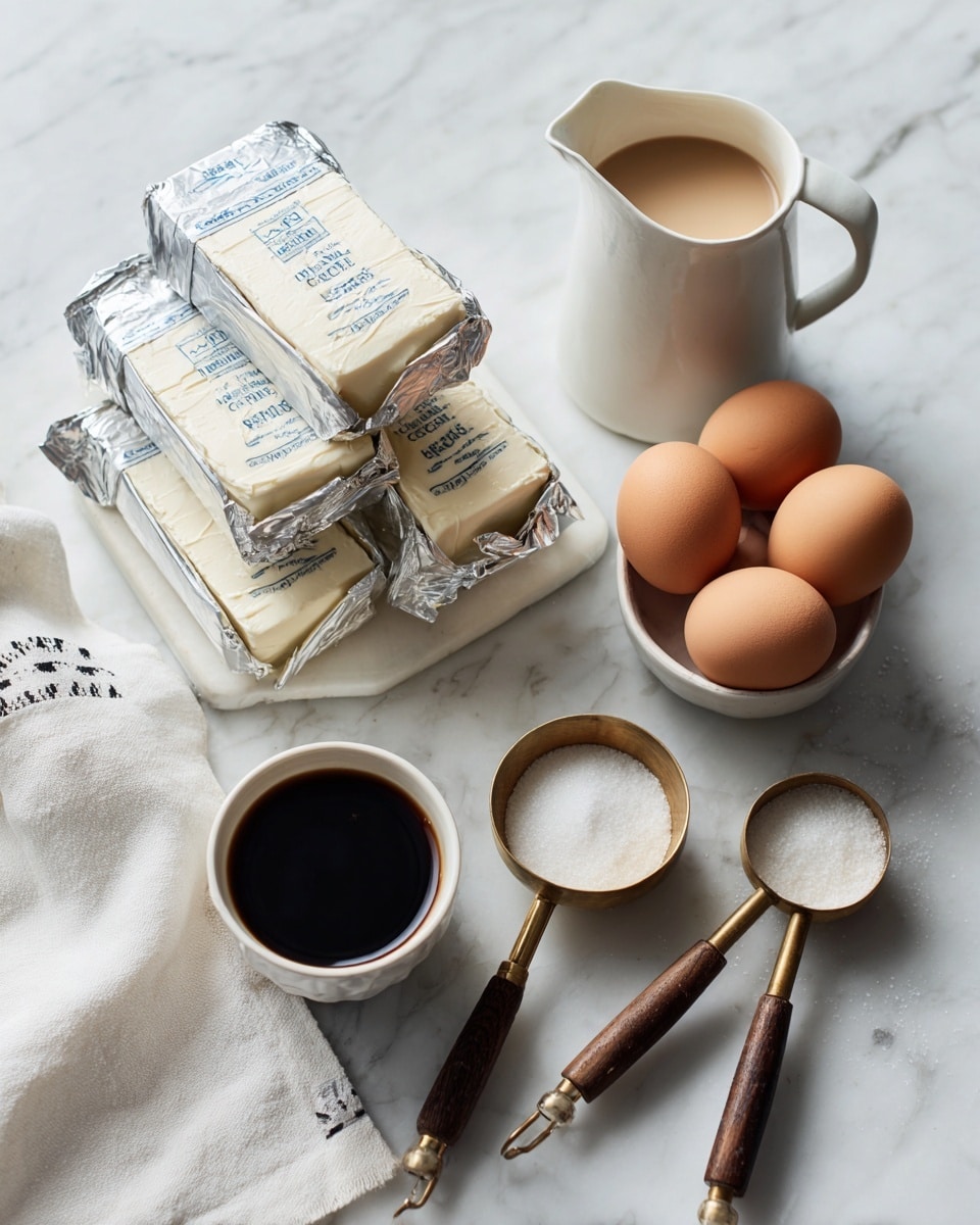 The image shows several blocks of cream cheese wrapped in silver foil with blue writing, placed on a white marbled surface. Next to the cheese is a small white bowl with four brown eggs inside, and a small white cup filled with dark vanilla extract. A white ceramic pitcher filled with a light cream-colored liquid stands nearby. Two gold measuring cups with dark wooden handles hold white granulated sugar. A white cloth with a simple black pattern lies near the cup. photo taken with an iphone --ar 4:5 --v 7