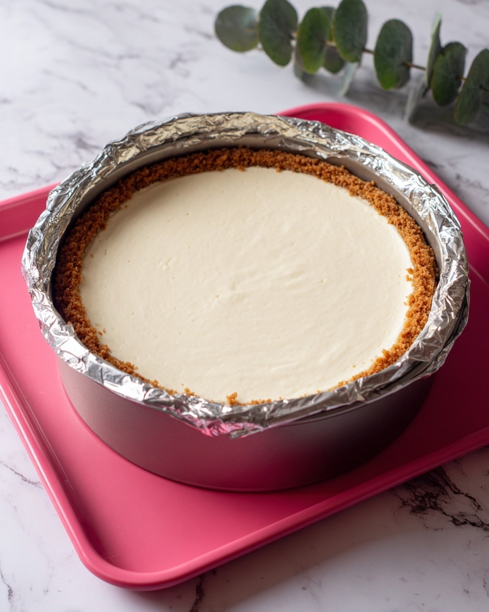 The image shows a round cheesecake with two layers inside a metal springform pan wrapped with foil around the bottom and sides. The bottom layer is a thick, crumbly, golden-brown crust pressed evenly along the base and up the sides. The top layer is a smooth, creamy white filling spread flat and close to the crust edges. The pan is placed on a bright pink tray, and there are some green eucalyptus leaves in the background on a white marbled surface. photo taken with an iphone --ar 4:5 --v 7