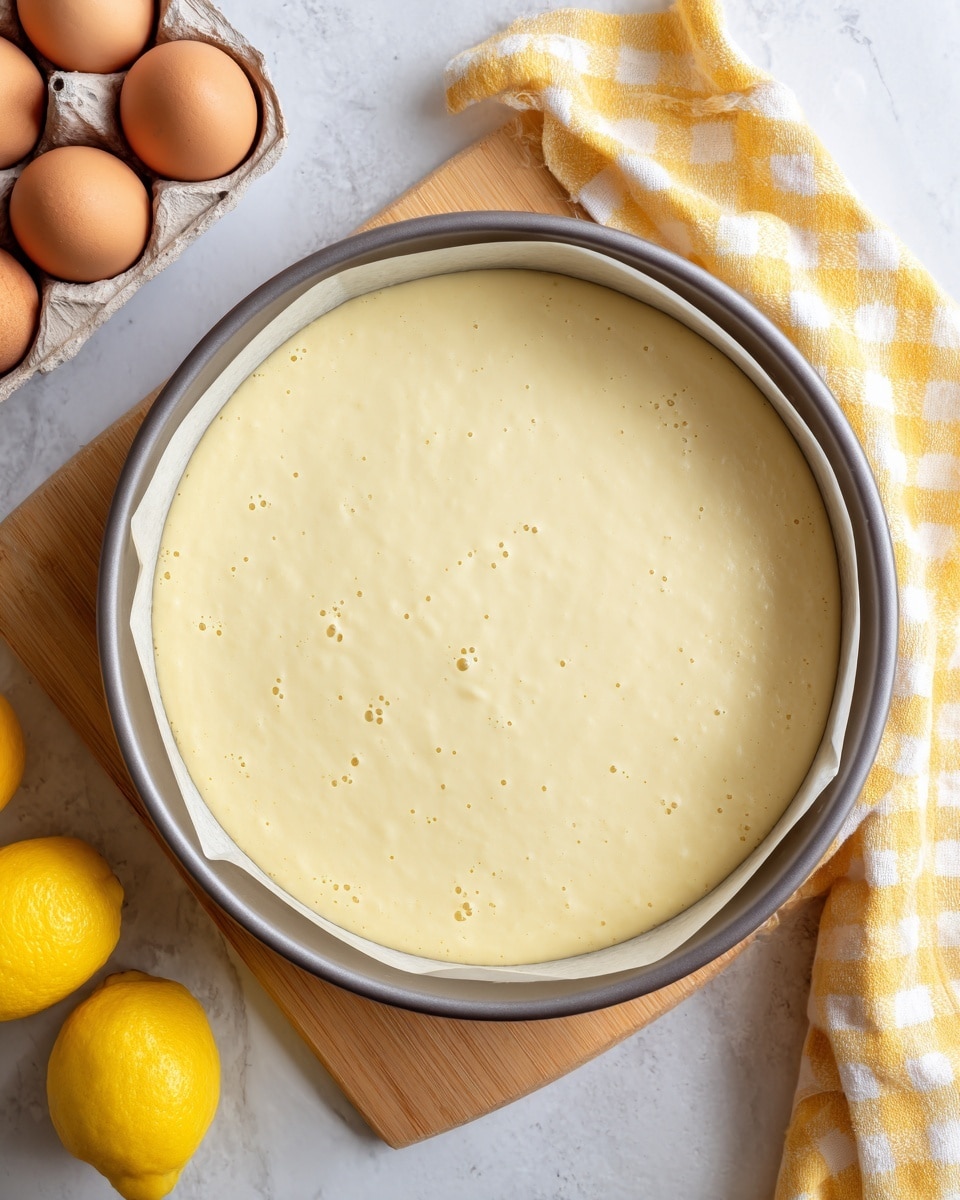 A round baking pan filled with smooth, pale yellow cake batter, with tiny air bubbles on the surface; the pan is lined with a small strip of parchment paper sticking above the edge. The pan sits on a light wooden board which rests on a white marbled surface. Nearby, there are two bright yellow lemons in the bottom left corner, and a carton of six light brown eggs in the top left. On the top right, a yellow and white checkered cloth is loosely placed, adding a soft fabric texture to the scene. Photo taken with an iphone --ar 4:5 --v 7