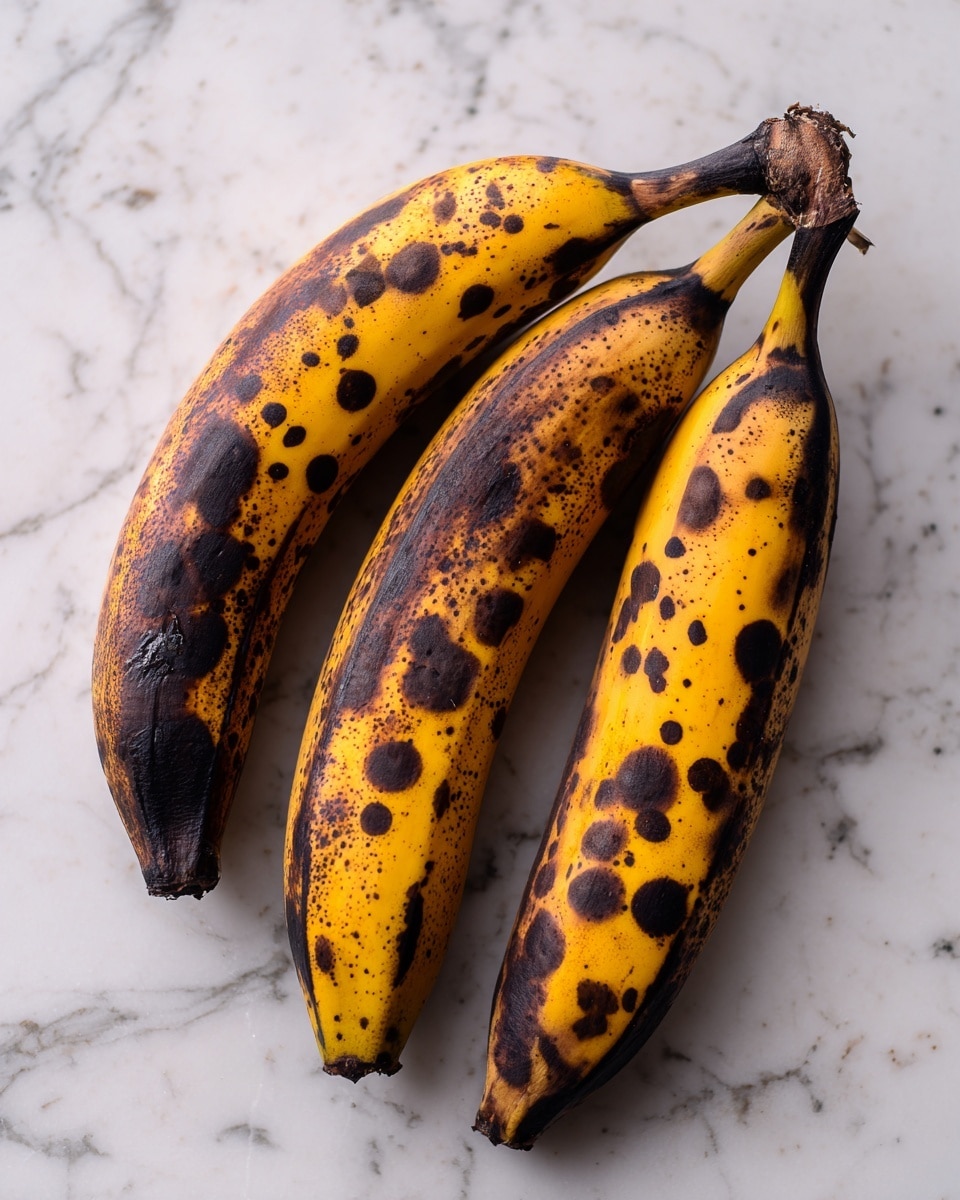 A bunch of three ripe bananas with dark brown and black spots and patches on their yellow skin lies together with their stems connected, resting on a white marbled surface. The bananas show a strong contrast between their blackened and yellow areas, with some rough texture visible on the skin. The overall look is natural and slightly aged but intact. photo taken with an iphone --ar 4:5 --v 7