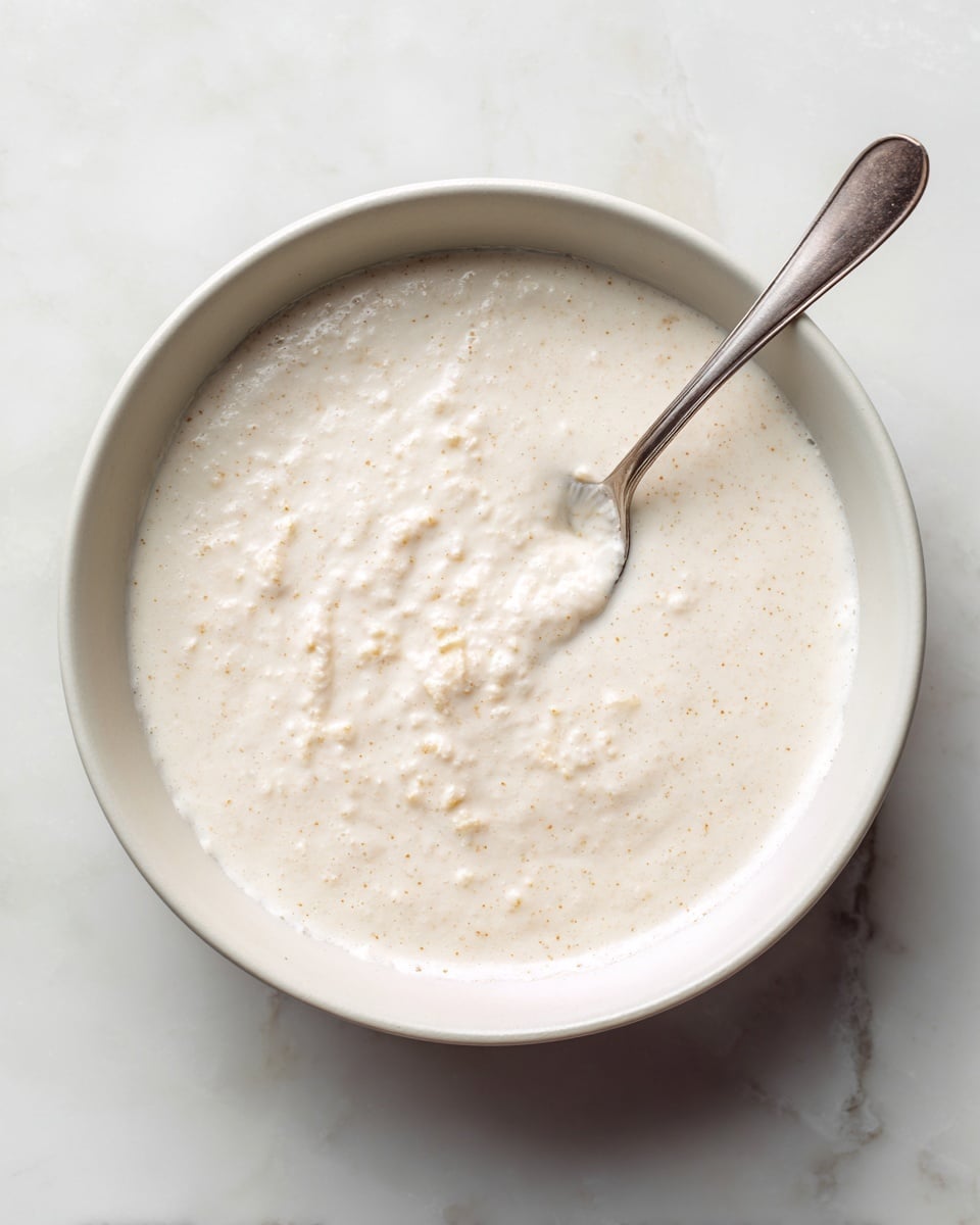 A white round bowl sits on a white marbled surface, filled with a thick, light beige mixture that looks soft and slightly lumpy. A silver spoon is partly dipped inside the mixture, showing the texture more clearly with visible small chunks. The light cream color dominates the image with subtle hints of brown. The bowl's smooth edge and the spoon’s shiny surface add a clean look to the scene. photo taken with an iphone --ar 4:5 --v 7