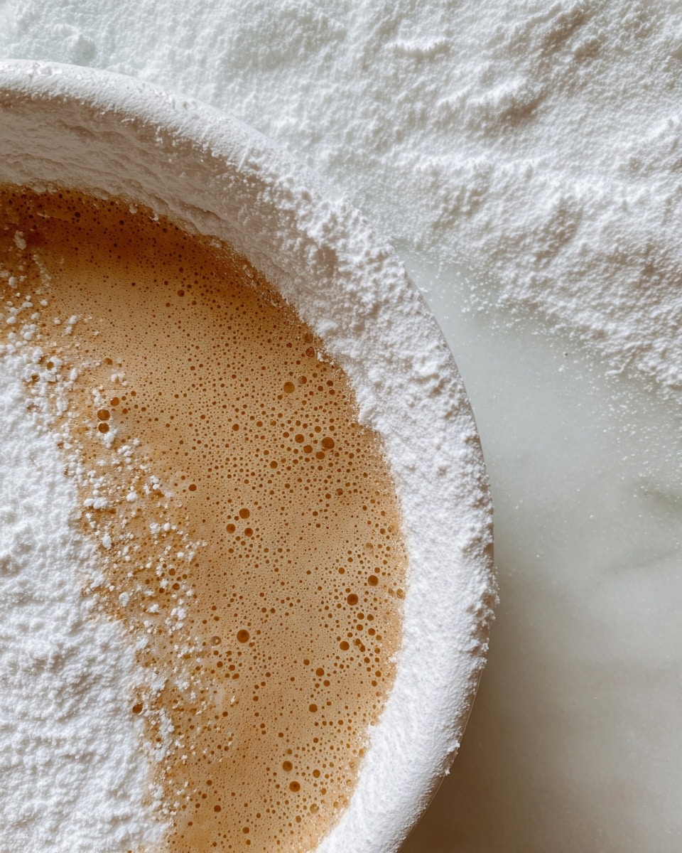 The image shows a close-up view of a white bowl with two visible layers inside: the bottom layer is a light brown, smooth mixture with some bubbles, and on top of it, there is a thick layer of white flour powder covering about half of the bowl's surface. The background surface is white with a marbled texture. photo taken with an iphone --ar 4:5 --v 7