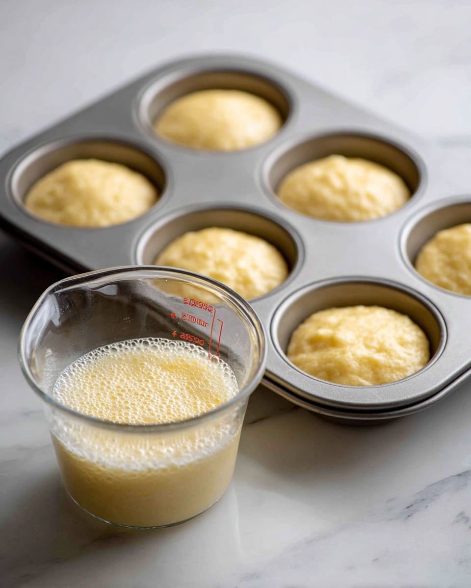 A close-up view shows a clear glass measuring cup filled with a light yellow foamy liquid in the foreground. Behind it, a silver muffin tray contains five dough cups, each pale yellow with a smooth surface, slightly pressed into the tray cups. The tray rests on a white marbled surface. photo taken with an iphone --ar 4:5 --v 7