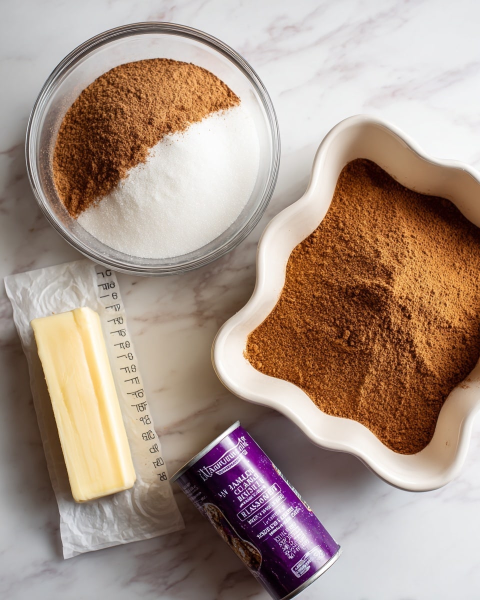 The image shows a white rectangular ceramic baking dish with wavy edges placed on a white marbled surface. To the left of the dish, there is a clear glass bowl containing two layers: a bottom layer of white granulated sugar and a thick, even top layer of brown cinnamon powder. Below the bowl, two unopened purple cans of Immaculate brand flaky biscuits lie on the surface, one partially overlapping the other. At the bottom left corner of the image, there is a stick of butter wrapped in white paper with measurement markings on it. The setup looks ready for baking preparation photo taken with an iphone --ar 4:5 --v 7