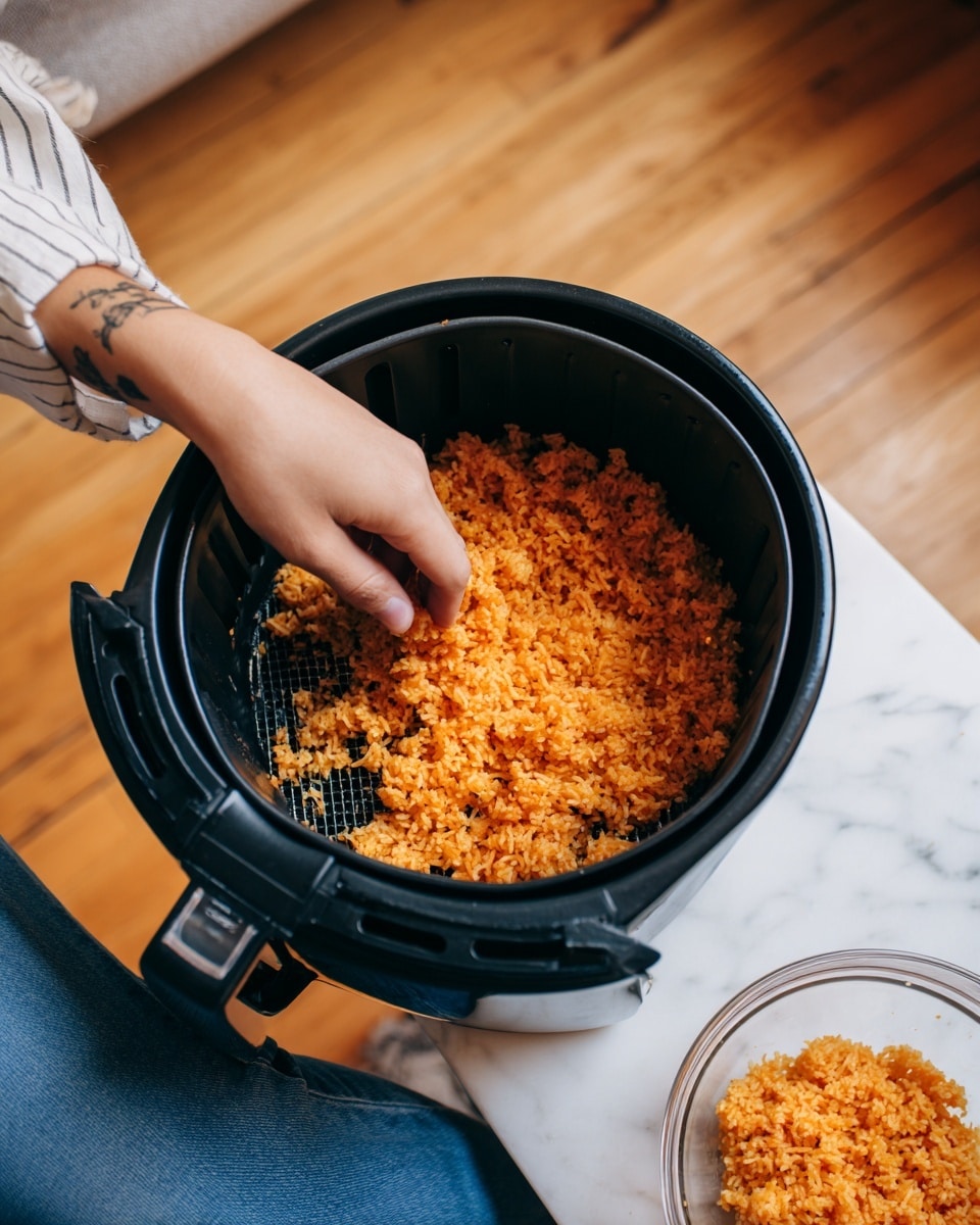 A woman's hand is placing small clumps of orange-colored rice into the black basket of an air fryer. The rice looks moist with a slightly sticky texture, and the basket's grid pattern is visible underneath. To the right on the white marbled surface, there is a clear glass bowl with more of the same orange rice inside. The woman is wearing a white and gray striped long sleeve shirt, and part of her arm showing a delicate tattoo is visible. The photo is taken from above, showing the woman's blue jeans and part of the wooden floor below. photo taken with an iphone --ar 4:5 --v 7