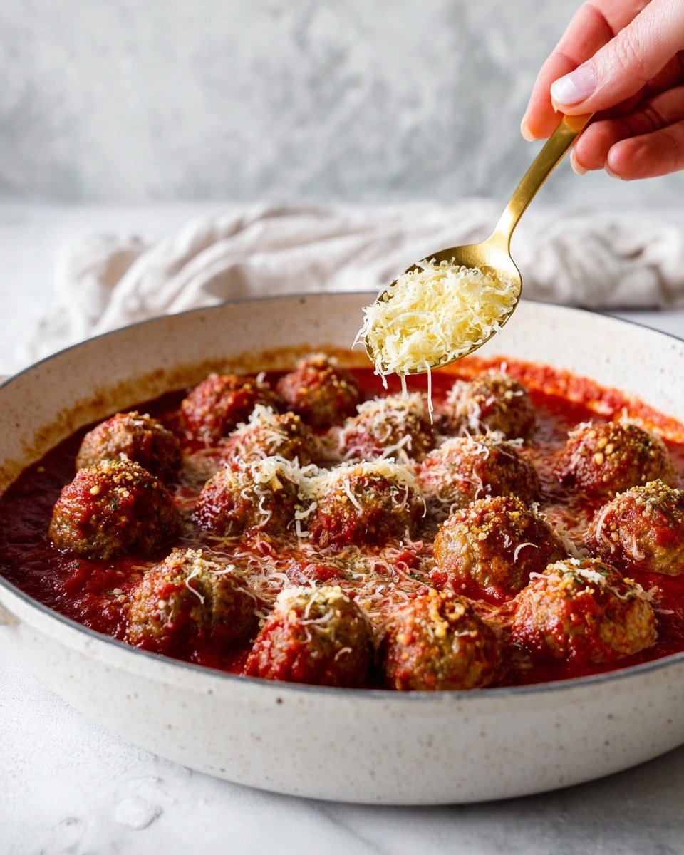 A close-up view of a white shallow pan filled with red tomato sauce and round meatballs, sprinkled with a layer of light yellow grated cheese on top. The surface of the sauce shows some texture with shiny spots and small chunks of tomatoes or meatballs visible through the cheese. A woman's hand holds a golden spoon above the pan, dropping more cheese gently over the dish. The background is a white marbled surface with soft natural light. photo taken with an iphone --ar 4:5 --v 7