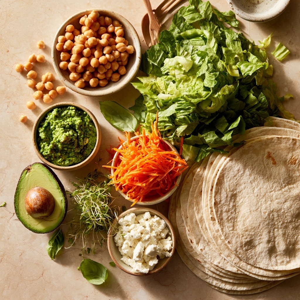 The image shows two stages of preparing a wrap on a light tortilla placed on a wooden surface. In the first stage, there is a spread of green mashed avocado with a slightly chunky texture, evenly spread in a horizontal line across the center of the tortilla. In the second stage, small round beige chickpeas are added as a second layer, forming a dense cluster on top of the avocado spread in the same horizontal line. The overall colors are soft green and light beige, with the tortilla's white and slightly brown toasted spots visible beneath. photo taken with an iphone --ar 4:5 --v 7