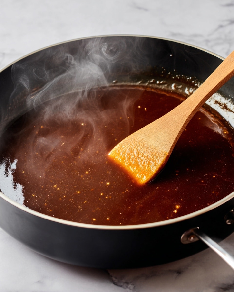 This image shows a close-up view of a dark brown sauce or liquid in a black pan with a shiny, slightly oily surface. The sauce has a smooth, thick texture with some small specks, and steam is rising from it, indicating it is hot. A wooden spatula stained with sauce is visible on the right side, partially submerged in the liquid. The background is a white marbled texture. The light from the top left creates reflections on the sauce, highlighting its glossy surface. photo taken with an iphone --ar 4:5 --v 7