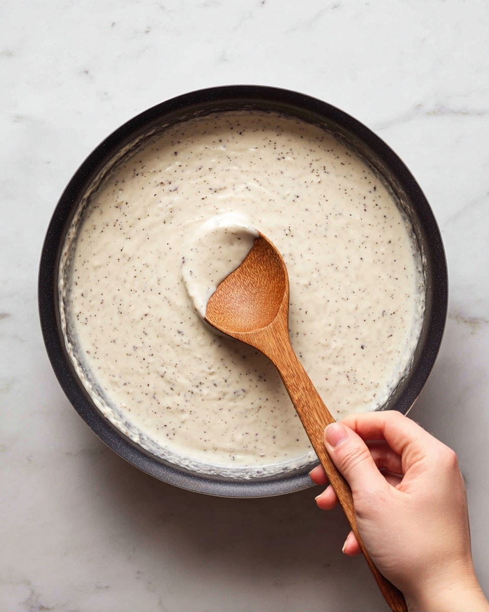 A black pan filled with a creamy off-white sauce that has small dark specks throughout, giving the sauce a slightly textured look. A woman's hand is holding a wooden spoon with a smooth surface and a small notch on one side, stirring the sauce gently. The background and surface beneath the pan have a white marbled texture. Photo taken with an iphone --ar 4:5 --v 7