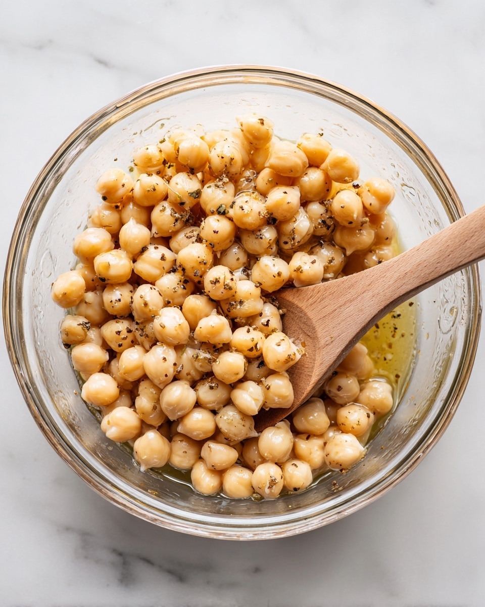 A clear glass bowl filled with a single layer of light beige chickpeas coated in a shiny, slightly oily sauce with visible black pepper flecks, stirred by a wooden spoon resting inside the bowl, all placed on a white marbled surface photo taken with an iphone --ar 4:5 --v 7