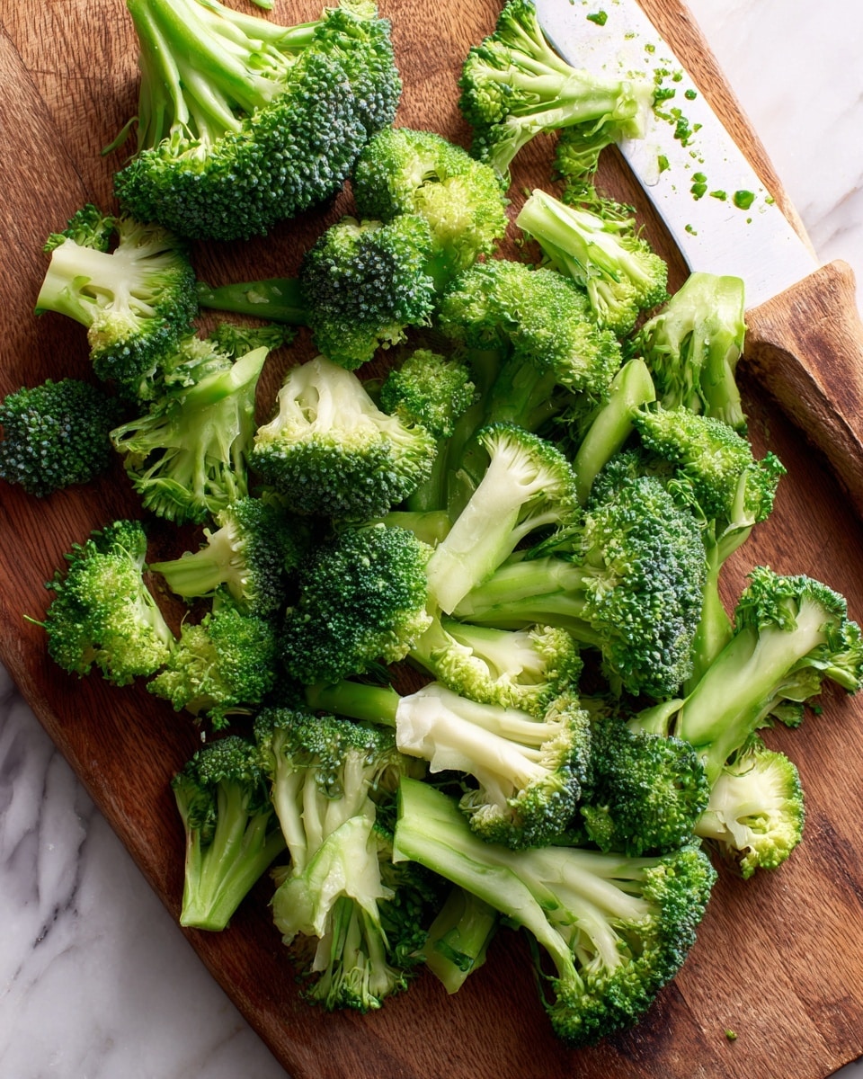 Several small pieces of green broccoli florets spread out on a brown wooden cutting board. The broccoli pieces show a mix of dark green tops and light green stems with some white parts in the center. The texture is a mix of tightly packed tiny buds on the tops and smooth stems below. On the upper right side of the board, a white knife with small green spots near its tip is placed. The brown wooden board has a natural grain pattern that contrasts with the vibrant green broccoli. The background has a white marbled texture. Photo taken with an iphone --ar 4:5 --v 7