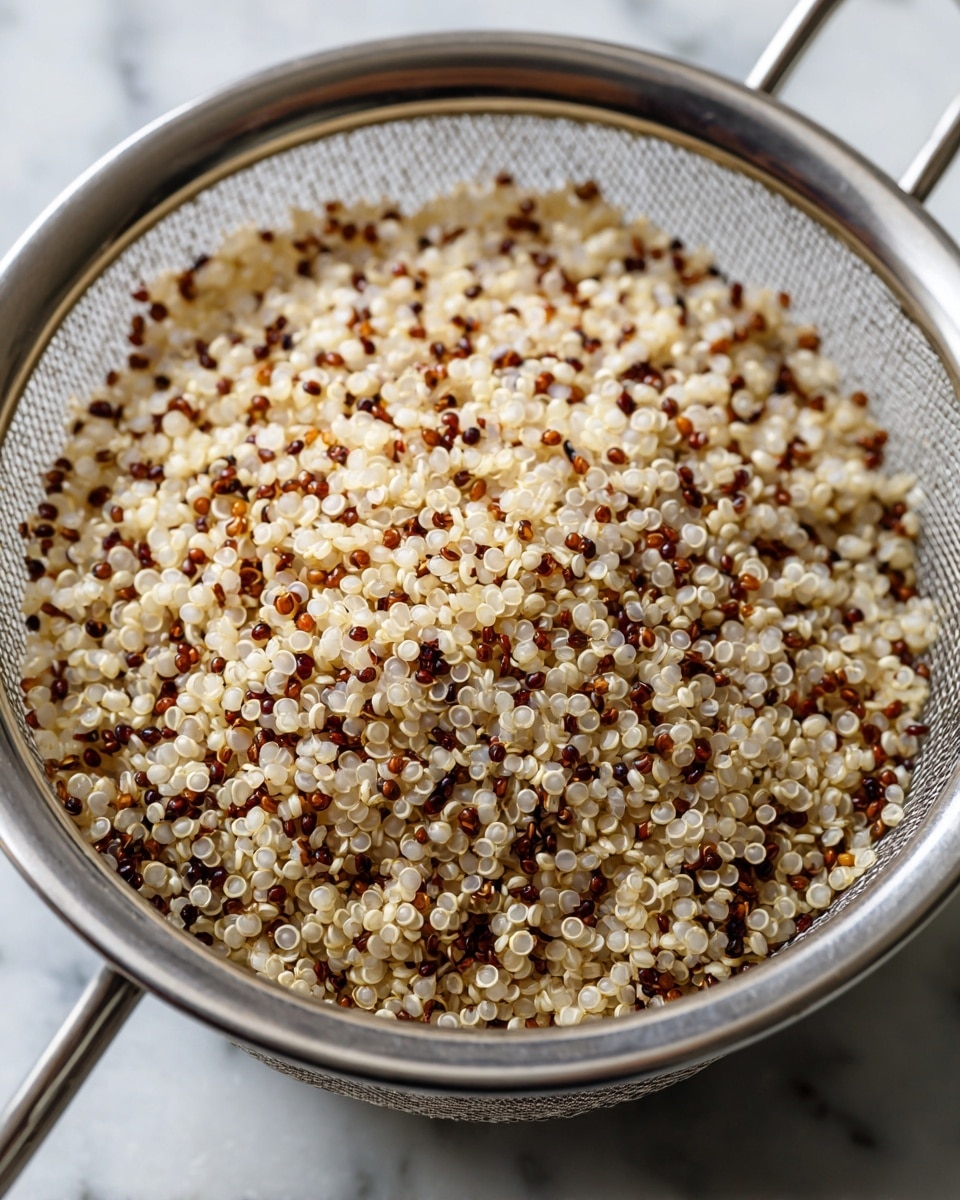 A close-up image showing a metal fine mesh strainer filled with cooked quinoa. The quinoa grains are small, round, and fluffy, mostly white with some brown and black grains spread throughout. The strainer has a shiny silver texture and is set against a white marbled surface visible at the bottom edge. The quinoa appears light and slightly clumped together in the center of the strainer. photo taken with an iphone --ar 4:5 --v 7