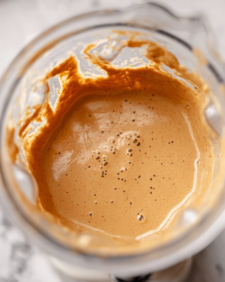 A close-up view inside a blender showing a thick, creamy sauce or batter with a light brown color and small black specks evenly spread. The texture is smooth with a few bubbles on the surface, creating a slightly shiny appearance. The blender's white interior is visible with some splashes and streaks of the sauce along its sides, adding a natural look to the scene. The background is a white marbled texture. Photo taken with an iphone --ar 4:5 --v 7