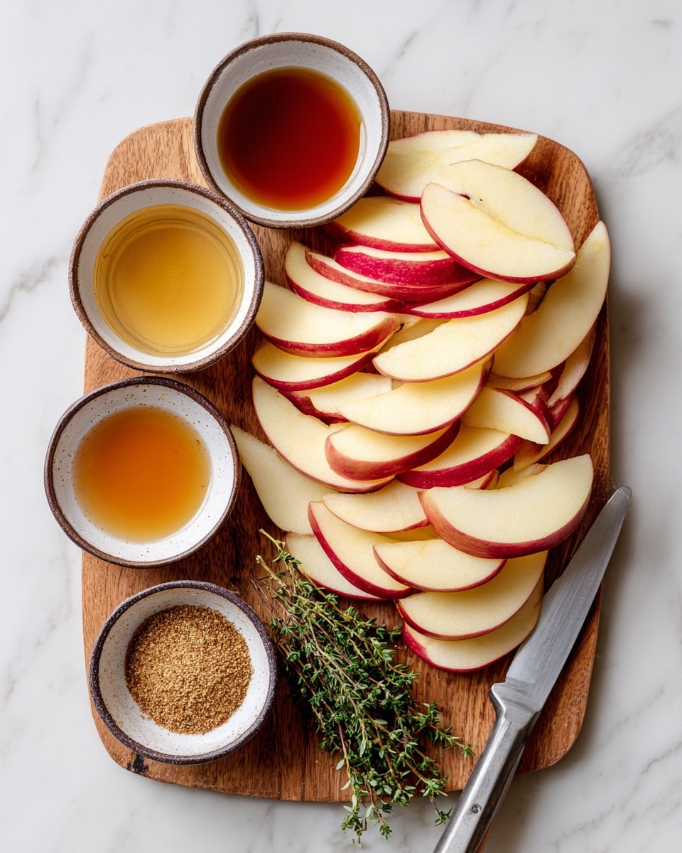 A wooden board holds many thinly sliced apple wedges with red skin and pale yellow flesh, stacked in a loose pile on the right side. There are three small white bowls with dark rims placed on the left side and bottom of the board, each filled with different liquids in light brown and amber colors. One small bowl at the bottom left contains a coarse brown mustard. Near the bottom right corner of the board, a small bunch of fresh thyme with green leaves lies next to the apple slices. A large silver knife rests flat beneath the apple slices on the right edge. The whole setup is on a white marbled surface. Photo taken with an iphone --ar 4:5 --v 7