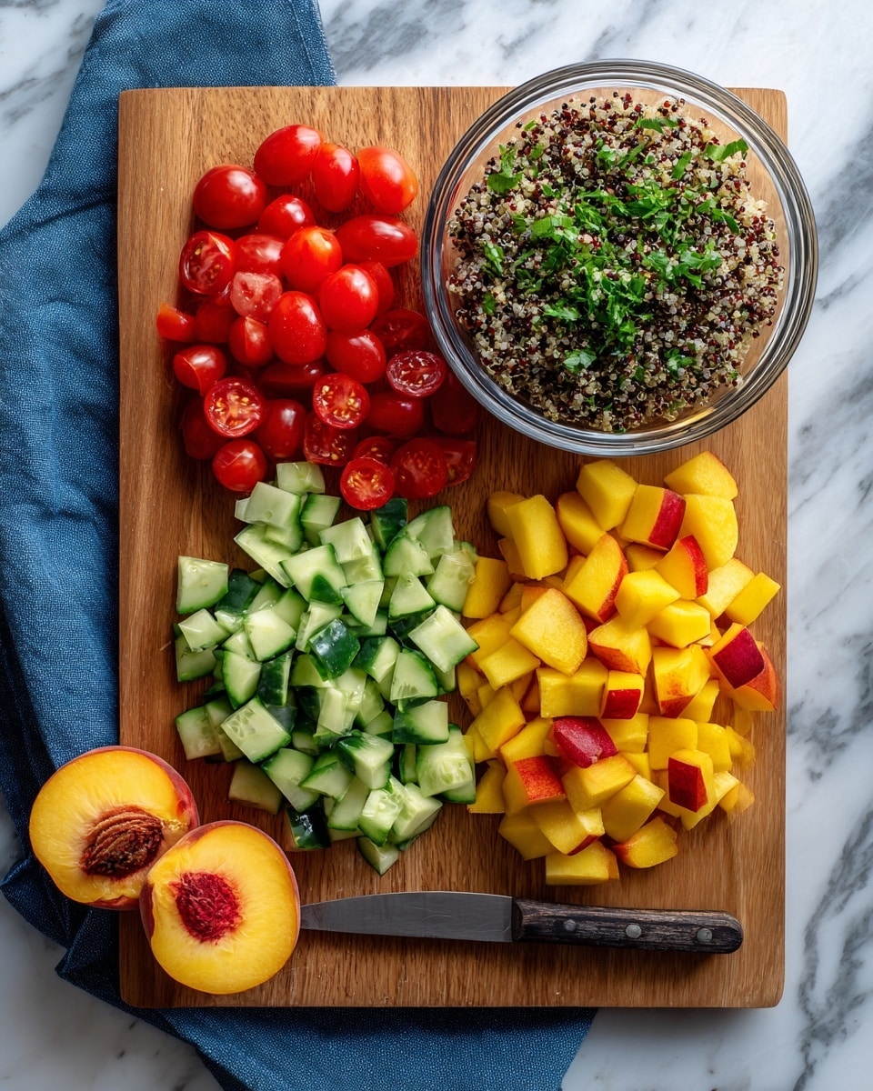 The image shows two parts: on the left, there is a clear glass bowl filled with three layers of cooked quinoa in white, red, and black colors, mixed with green leafy herbs, with a light wooden spoon resting inside. On the right side, there is a wooden board displaying chopped pieces of fresh peach with yellow flesh and red skin, placed in front of blurry chopped cucumber and tomato pieces in the background. All items are placed on a white marbled surface. Photo taken with an iphone --ar 4:5 --v 7