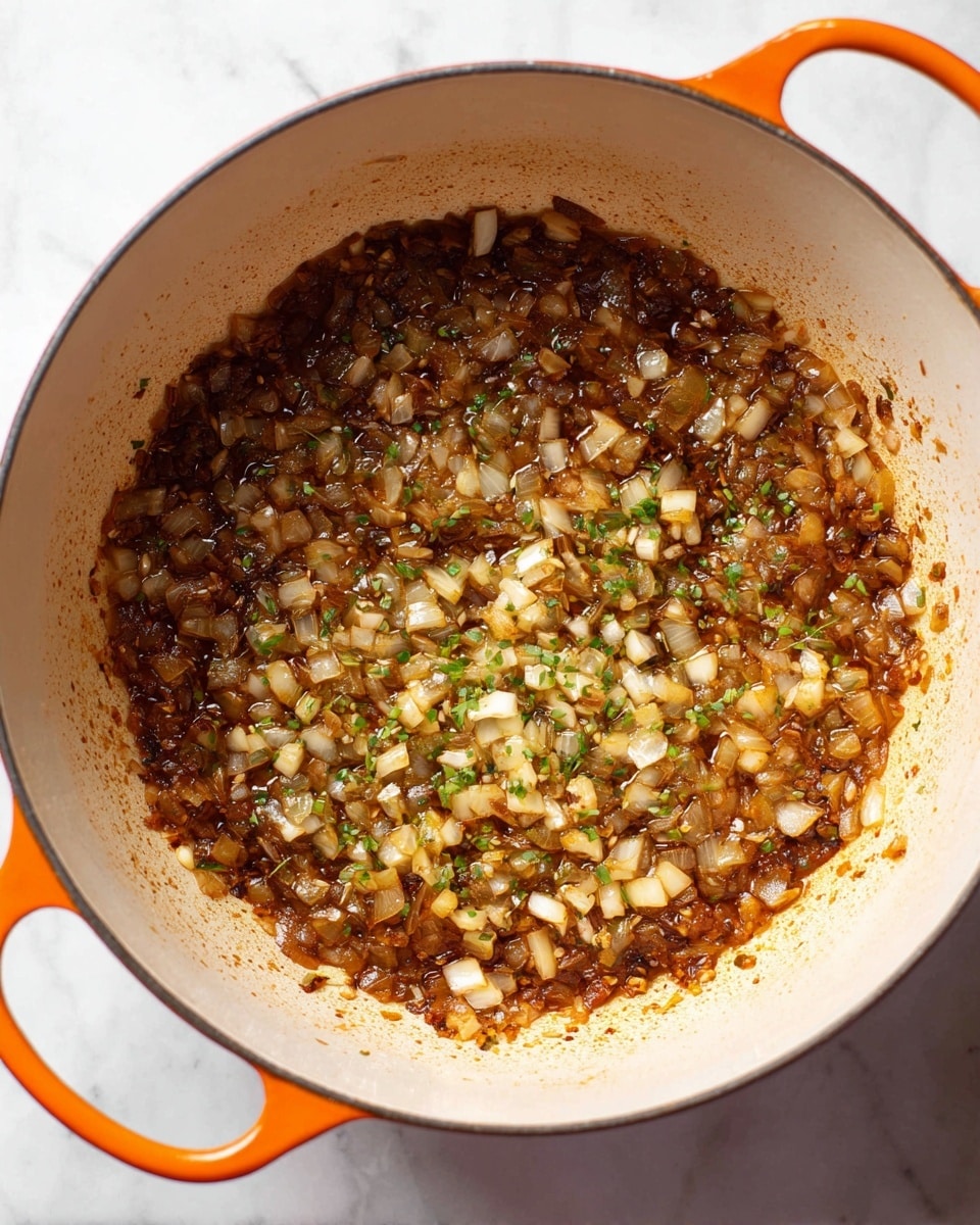 The image shows many small pieces of seared beef with a dark brown crust and juicy texture, cooking in a white pan. The meat pieces have a mix of golden brown and charred black areas on their surface, showing a well-cooked outside. The pan has a shiny layer of brown oil and meat juices surrounding the beef, with some darker spots of caramelized bits. The background is a white marbled texture. photo taken with an iphone --ar 4:5 --v 7