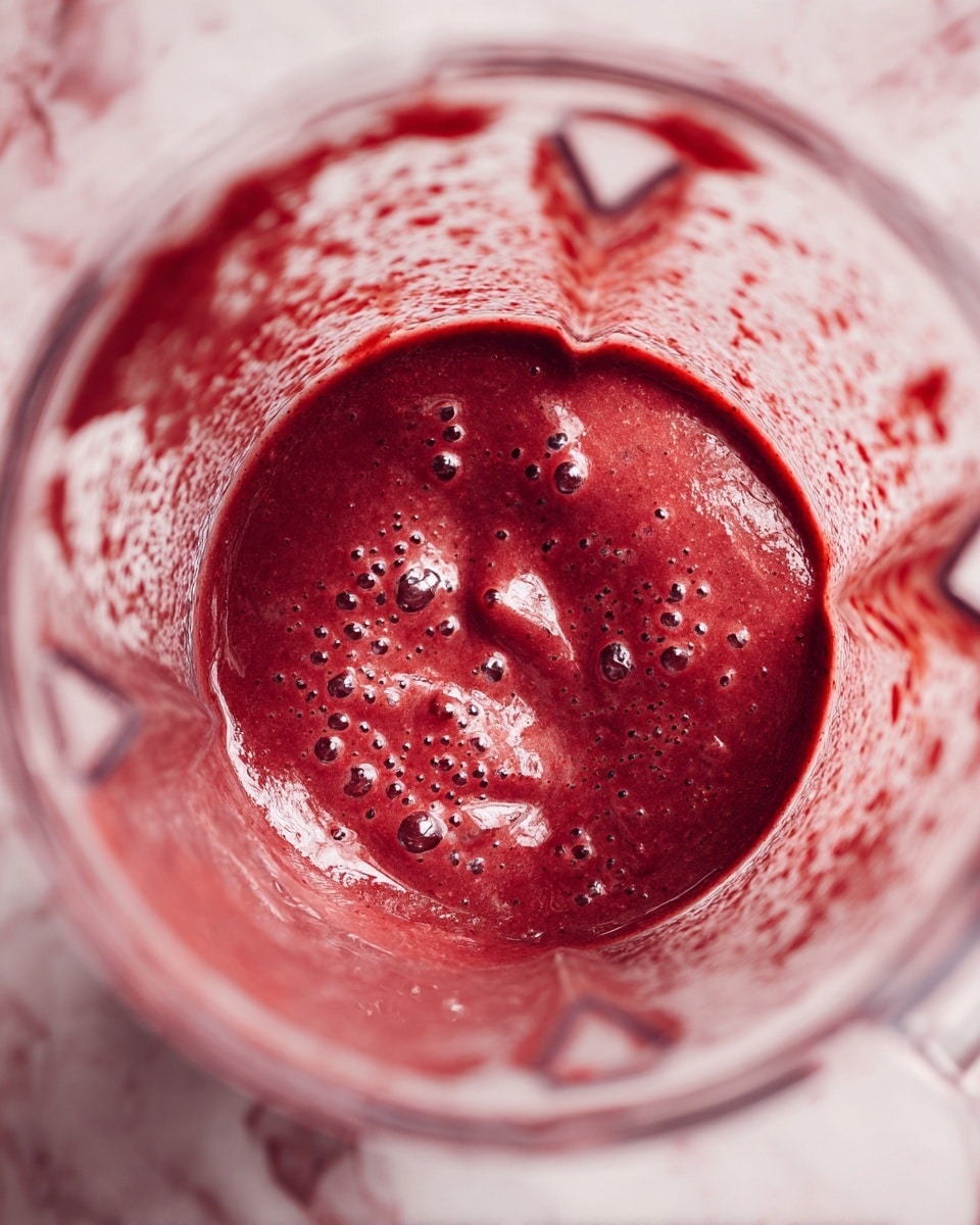 A close-up view of a clear blender jar filled with a thick, deep red smoothie mixture, with some smoothie spilled and smeared inside the blender walls showing texture and single small bubbles on the surface. The blender is placed on a white marbled texture surface. photo taken with an iphone --ar 4:5 --v 7