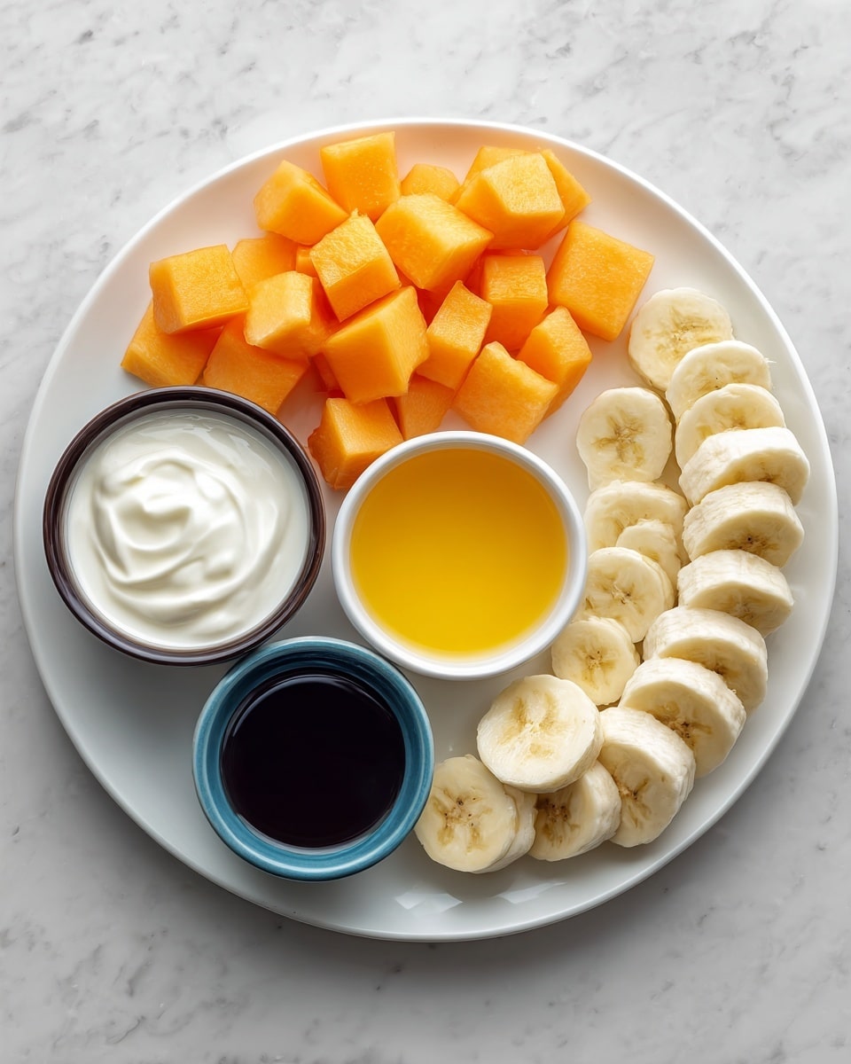 The image shows a white plate on a white marbled surface, with neatly arranged food items. There are three sections of cut fruit: orange cantaloupe cubes in the top center, and sliced banana pieces lined up in a curve at the bottom right. On the left side of the plate, there are three small white bowls with dark rims containing different items: thick white yogurt in the largest bowl, a yellow liquid in the medium bowl, and honey in the smallest bowl. Near the center, there is a small dark blue bowl filled with a dark liquid. The layout is clean and simple, with bright colors against a neutral background. photo taken with an iphone --ar 4:5 --v 7