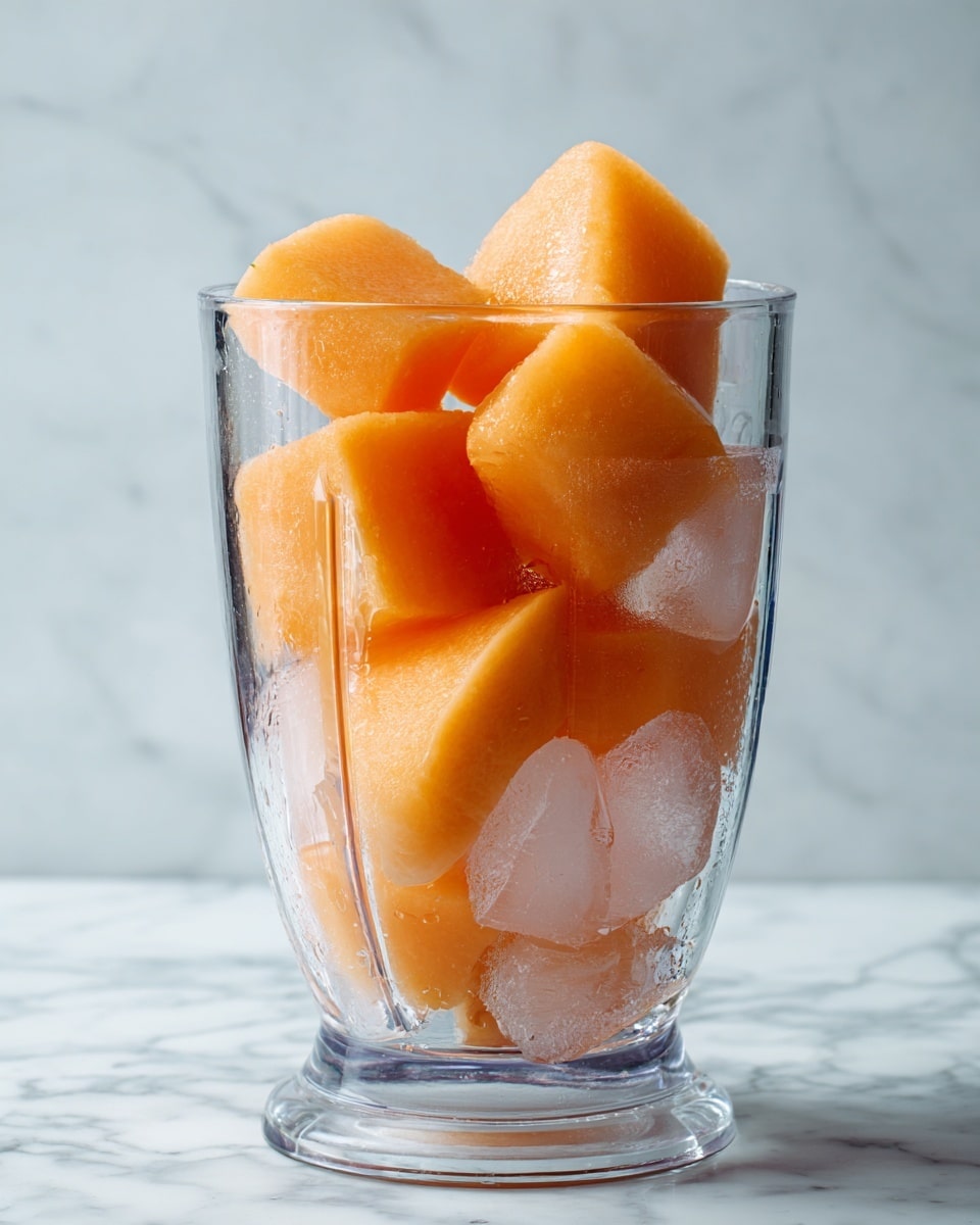 A clear glass blender cup holds large chunks of orange cantaloupe at the bottom, with semi-transparent, oval ice cubes layered on top. The cantaloupe pieces have smooth, slightly textured surfaces and the ice appears solid and frosty. The scene is set against a white marbled surface, giving a clean and fresh look. photo taken with an iphone --ar 4:5 --v 7
