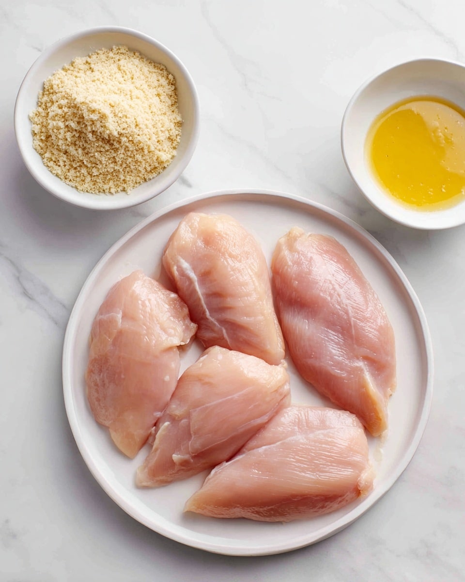 On a white plate placed on a white marbled surface, there are six pieces of raw chicken meat spread out in a single layer, showing their pale pink color and smooth texture with some natural lines and slight sheen. To the upper left, there is a white bowl filled with light bread crumbs, showing a coarse and grainy texture, and to the upper right, there is another white bowl containing melted golden yellow butter, smooth and shiny. The setting looks neat and prepared for cooking photo taken with an iphone --ar 4:5 --v 7