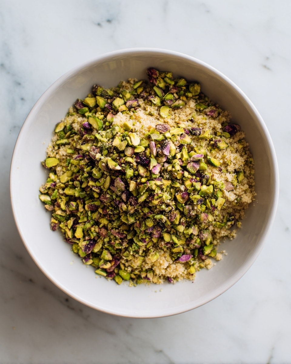 A white bowl sits on a white marbled surface filled with two main layers: the bottom layer is crumbly and light brown, covered mostly by a middle pile of chopped pistachios that are bright green with some darker and purple bits mixed in. The pistachios sit in the center, surrounded and partly mixed with the crumbly light brown layer. The bowl’s inside surface is smooth and clean, curving gently upwards around the food. photo taken with an iphone --ar 4:5 --v 7