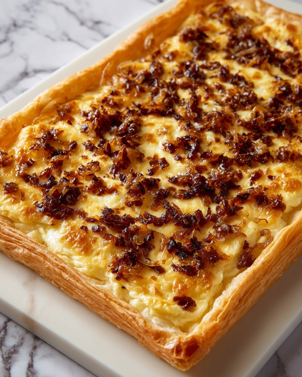 A rectangular puff pastry tart with a golden, flaky crust forms the outer layer. Inside the tart, there is one thin even layer of melted cheese with a creamy, light yellow color. On top of the cheese, small, uneven pieces of dark brown caramelized onions are spread across the surface, creating a textured look with a mix of glossy and crispy spots. The tart is placed on a white plate with a white marbled background. photo taken with an iphone --ar 4:5 --v 7