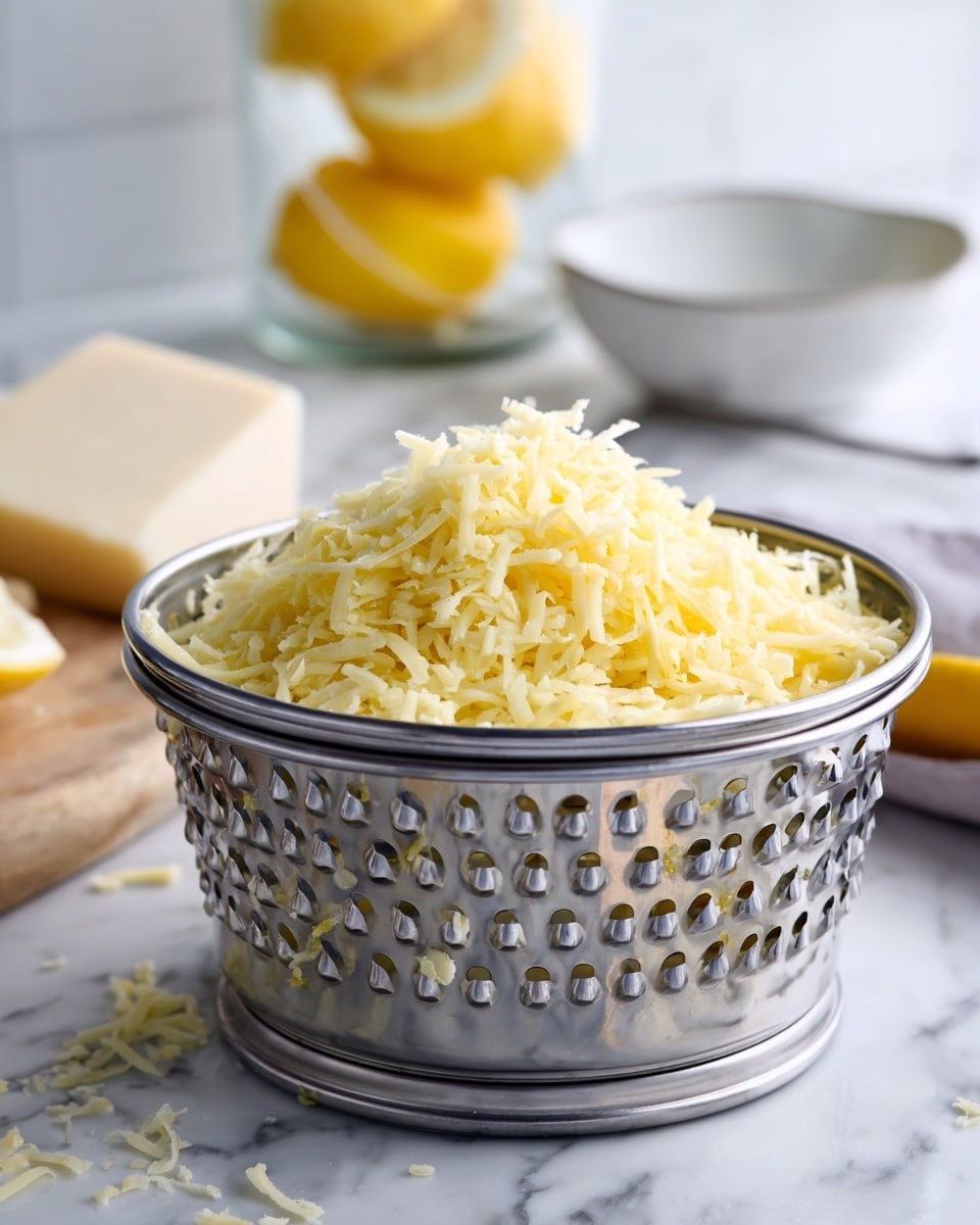 A close-up image of a metal rotary grater filled with light yellow grated cheese, showing fine, soft strands. The grater is positioned inside a large silver mixing bowl with some cheese bits scattered inside it. In the background, there is a blurred view of a glass container with lemon slices inside, and a white bowl partially visible. All items rest on a white marbled surface. Photo taken with an iphone --ar 4:5 --v 7