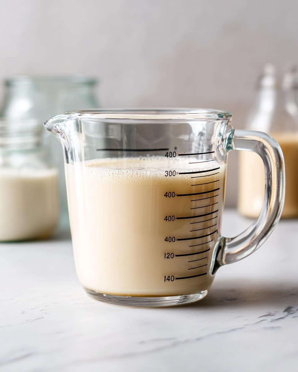 A clear glass measuring cup filled almost to the 400 ml mark with a smooth, light beige liquid that looks creamy. The cup is sitting on a white marbled surface with some other blurred glass containers in the background to the left. The measuring cup has black measurement markings on one side, and the handle is visible on the right side. The light creates soft reflections on the glass, giving it a clean and fresh look photo taken with an iphone --ar 4:5 --v 7