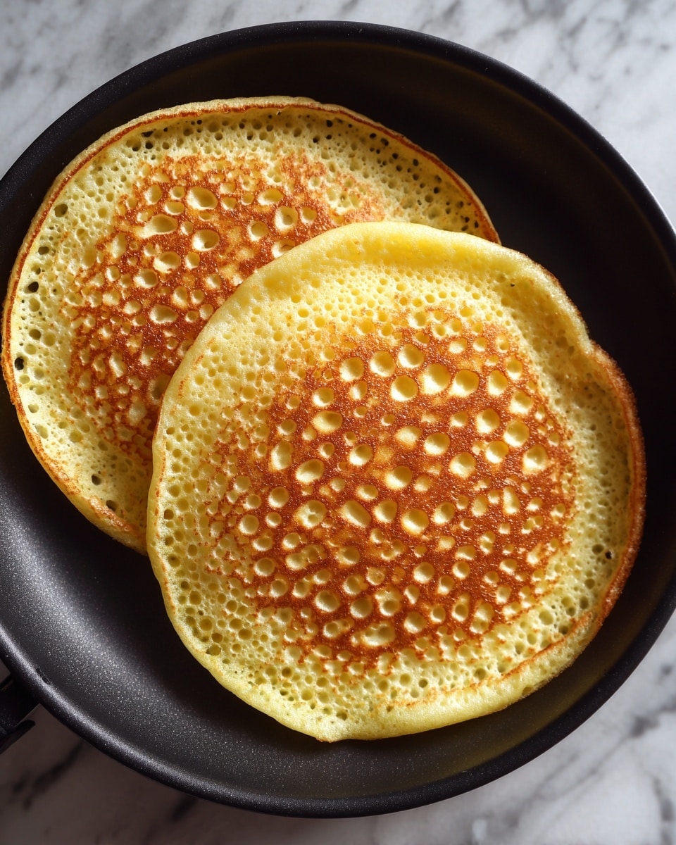 Two round pancakes with a light yellow color and many small holes on top sit in a black pan. The pancakes have soft, bubbly textures and slightly raised edges. The background shows a white marbled texture where the pan is placed. Photo taken with an iphone --ar 4:5 --v 7