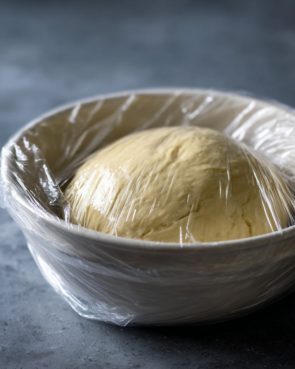 A round ball of smooth, pale dough sits in a large white metal bowl, covered loosely with clear plastic wrap that reflects light with soft streaks, creating a shiny texture. The bowl rests on a dark surface with a soft focus background. The dough looks soft and slightly puffy, with a few small wrinkles on the surface, showing it is rising. Photo taken with an iphone --ar 4:5 --v 7