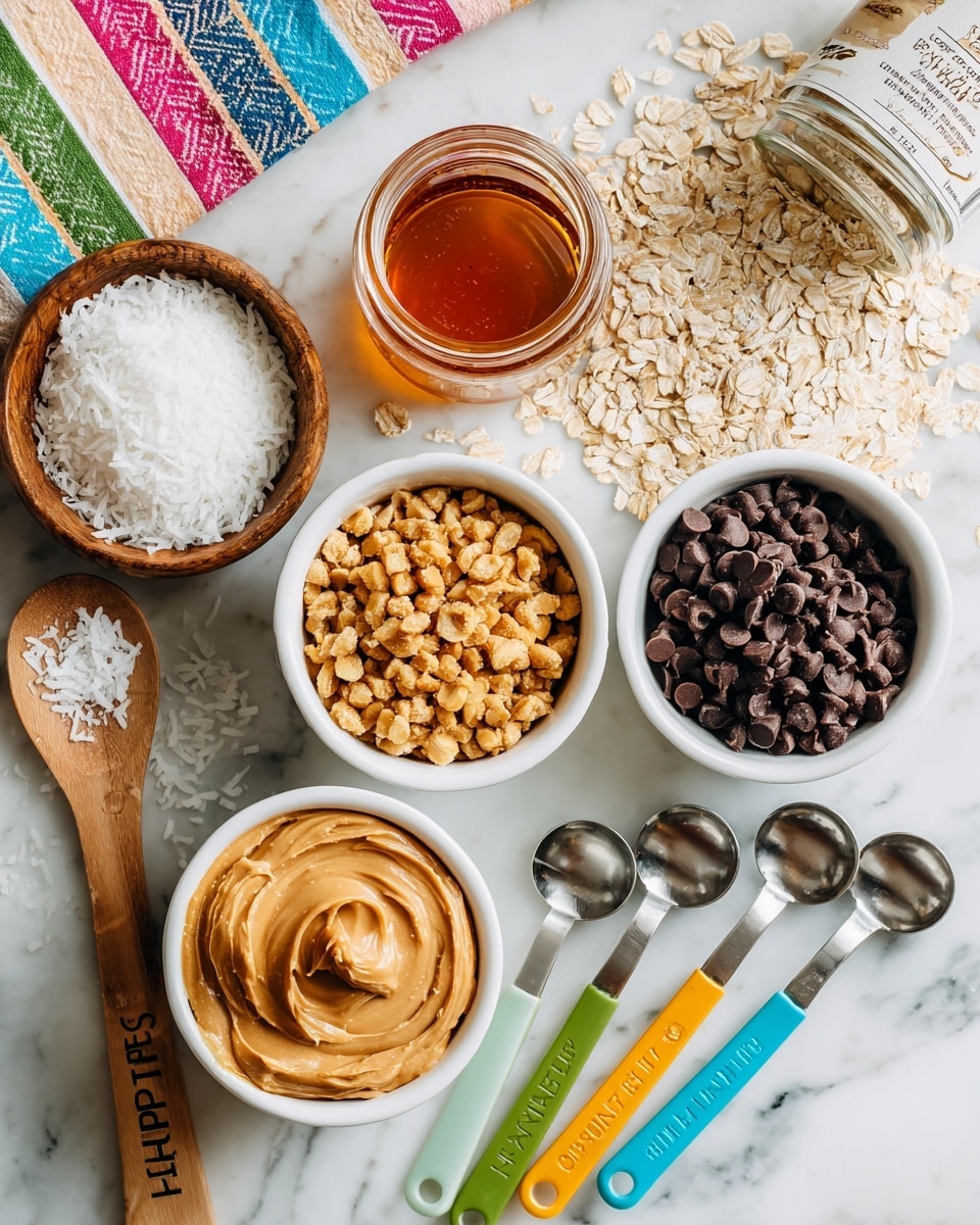 The image shows a white marbled surface with several baking ingredients arranged neatly. From the top left, there is a small wooden bowl of shredded white coconut on a colorful striped cloth, next to a clear glass jar filled with amber honey. In the center, a white bowl holds golden brown ground nuts, while another white bowl contains dark brown chocolate chips to the right. A glass jar tipped over spills light beige oats across the surface. At the bottom, there is a white bowl filled with creamy peanut butter with a wooden spoon labeled