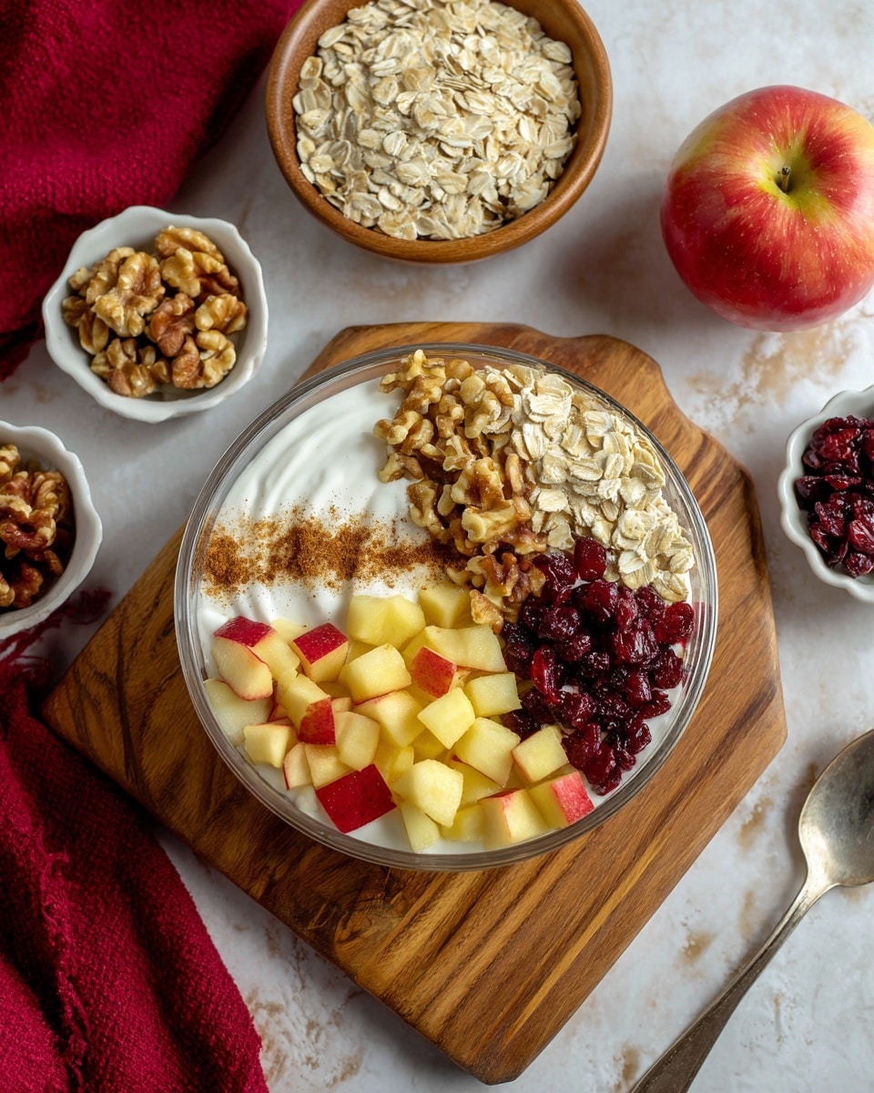 A clear glass bowl sits on a wooden board over a white marbled surface, filled with five separate layers: a smooth white yogurt base sprinkled with light brown cinnamon on the left, chopped red and yellow apple cubes arranged at the bottom right, light beige rolled oats to the right, dark red dried cranberries at the top center, and light brown chopped walnuts to the top left. Around the bowl, there is a whole red and yellow apple, a wooden bowl filled with rolled oats placed on a red cloth, small white bowls with chopped walnuts and dried cranberries, and a silver spoon resting on the white marbled surface near the bottom right of the image. Photo taken with an iphone --ar 4:5 --v 7