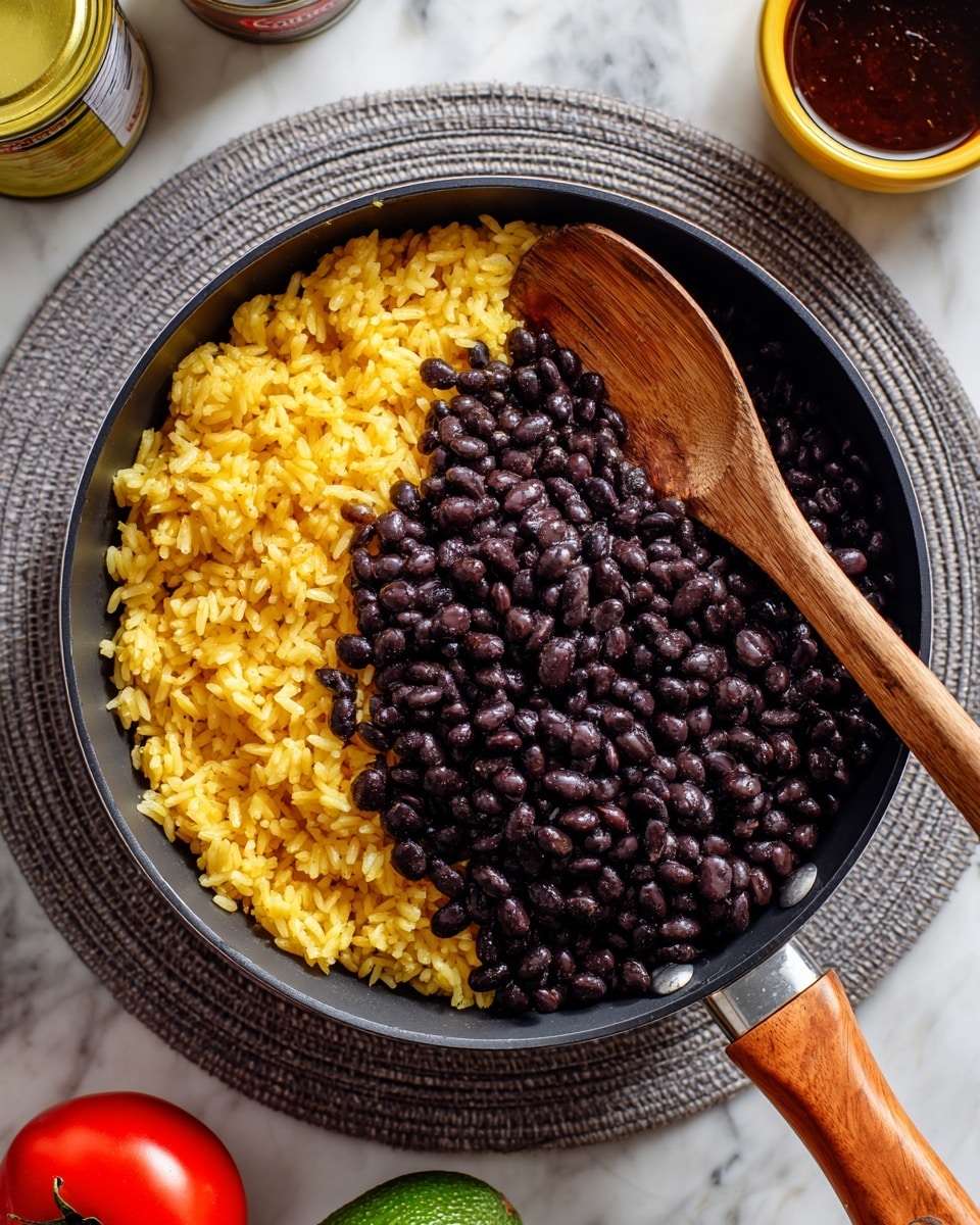 A black pan holds two layers: the bottom is yellow-brown cooked rice filling half the pan, and the top is a thick layer of dark black beans piled on the right half. A wooden spoon with a smooth light brown handle rests diagonally on the rice, slightly mixing the beans and rice at the center. The pan sits on a round grey woven mat, placed on a white marbled surface. Around the pan, there are parts of a red tomato and a green avocado at the bottom left corner, and open cans and a yellow bowl with dark sauce towards the top left and right sides of the image. Photo taken with an iphone --ar 4:5 --v 7