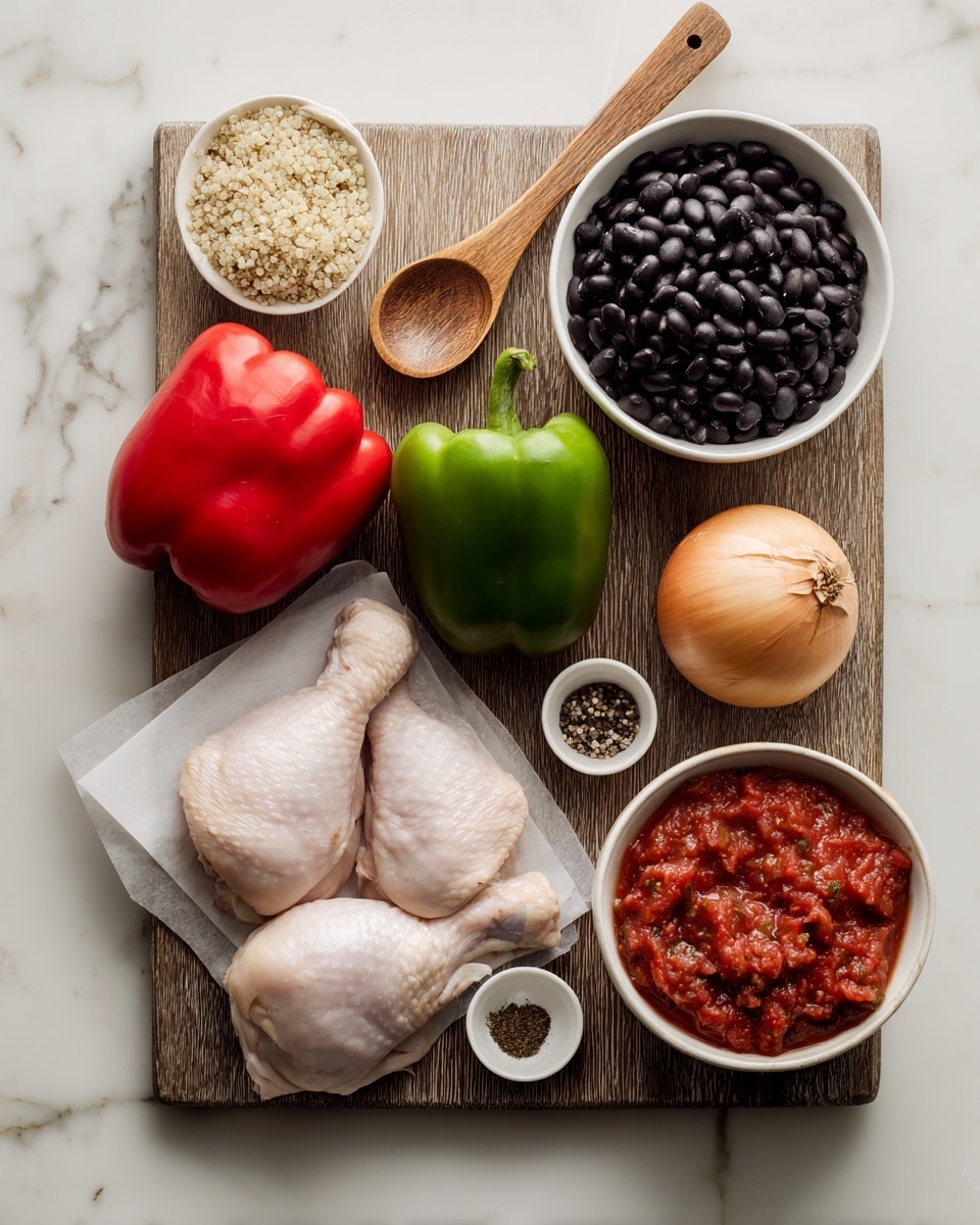 A wooden board on a white marbled surface holds several ingredients: two raw chicken pieces placed on white paper at the bottom left, a red bell pepper just above the chicken, and a green bell pepper to the right of an onion positioned in the center. To the top right of the onion is a white bowl filled with black beans. Above the board, a white bowl with light-colored quinoa and a wooden spoon inside sits to the left. Below the quinoa bowl and left of the chicken, there is a small white dish divided into four parts with different spices and salt. At the bottom right corner, a white bowl filled with chunky red salsa, having a spoon in it, is placed. The background and surface are white marbled. Photo taken with an iphone --ar 4:5 --v 7