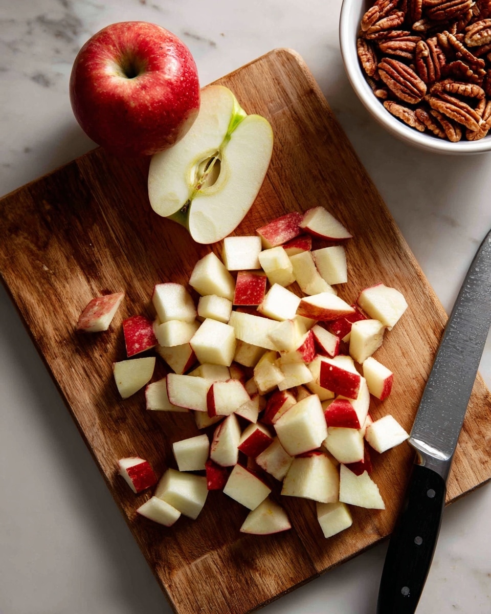 The image shows a wooden cutting board on a white marbled surface with a red apple half placed near the top left corner, its inside pale and smooth. In front of the apple half, there are many small apple cubes with red skin edges and white flesh scattered in a rough pile, displaying a fresh, crisp texture. To the right side of the cutting board lies a black-handled knife with a silver blade pointing towards the bottom right corner. The upper right edge of the image reveals a white bowl filled with brown pecan nuts. photo taken with an iphone --ar 4:5 --v 7
